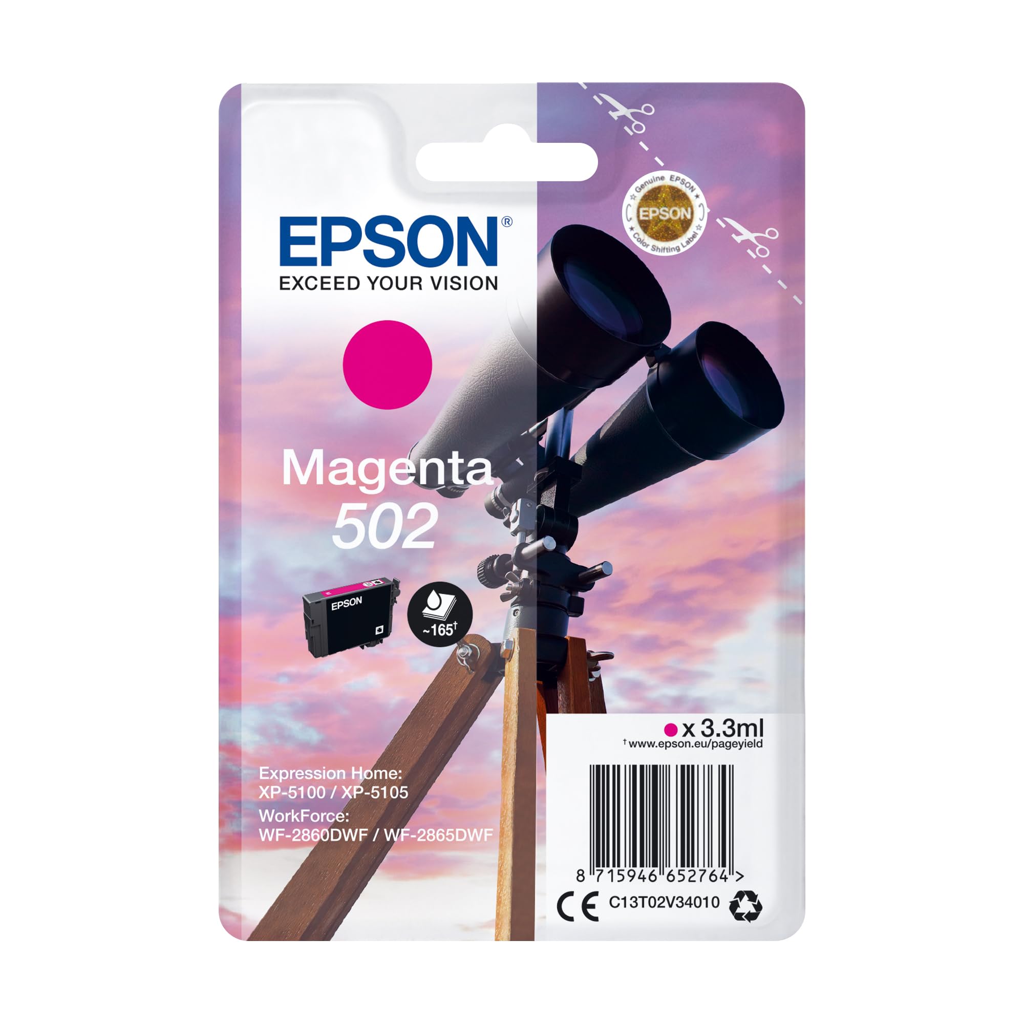 Epson Original 502 Tinte Fernglas Singlepack Magenta Standard, XP-5100 XP-5105 XP-5150 XP-5155 WF-2860DWF WF-2865DWF WF-2880DWF WF-2885DWF, ReadyPrint Flex-Tintentarife