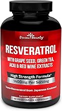 Resveratrol Supplement - 1400mg Extra Strength Formula with Grape Seed Extract, Green Tea Extract, Red Wine Extract - 60 Veggie Capsules