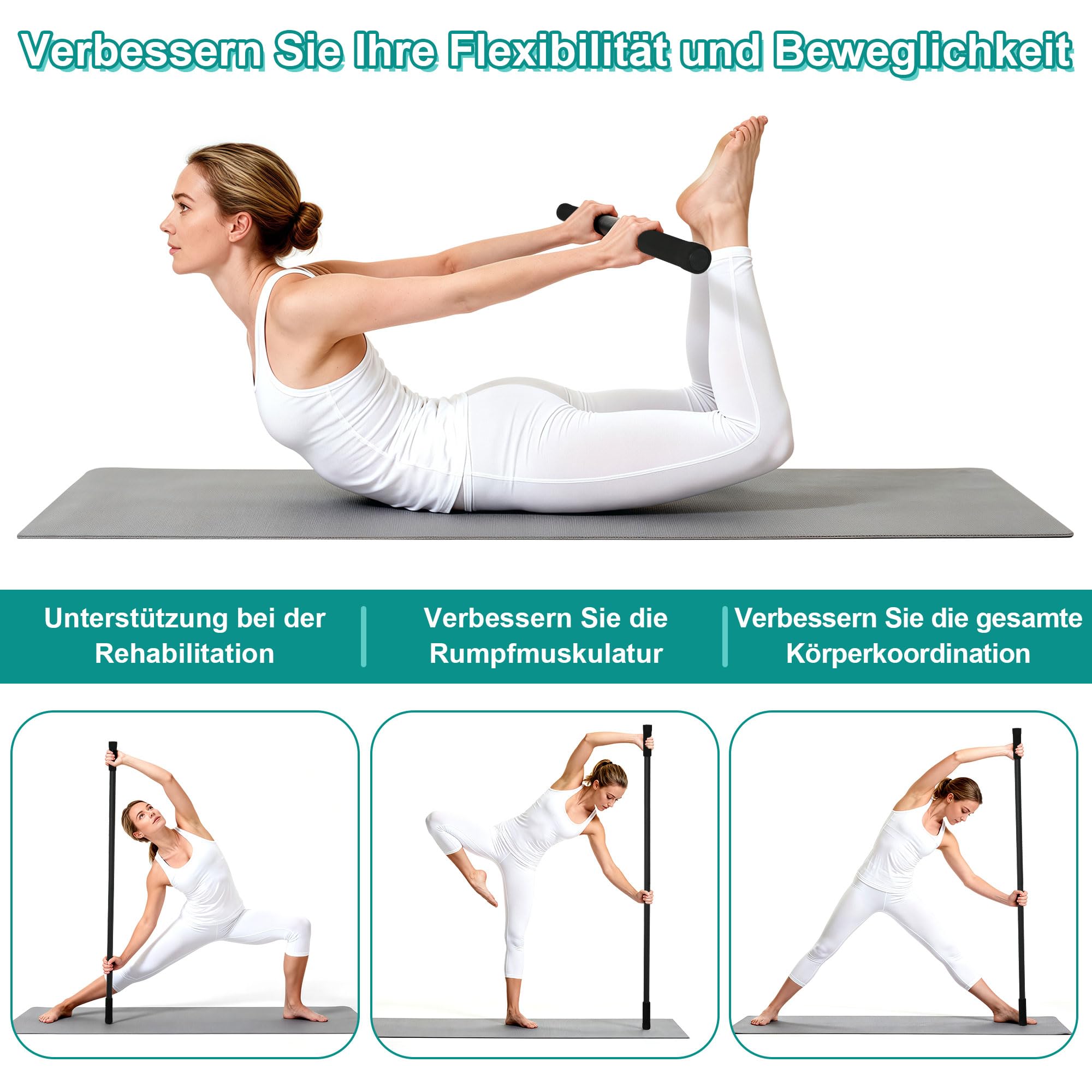 ohbien Tragbarer Yoga-Stick, Rückenstrecker verstellbar für 76-152cm, Mobilitätsstick mit 4 Stahlstangen Und 2 Schaumstoffgriffen für Yoga Fitness Physiotherapie Haltungskorrektur
