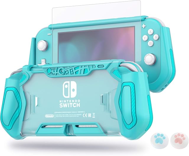 Switch Lite Case Turquoise LeyuSmart for Nintendo (Ergonomic/Sturdy/Full Protection) Gift Idea with HD Screen Protector & Thumb Grip Caps for Family Happy Hours,Nintendo Switch Lite Protector