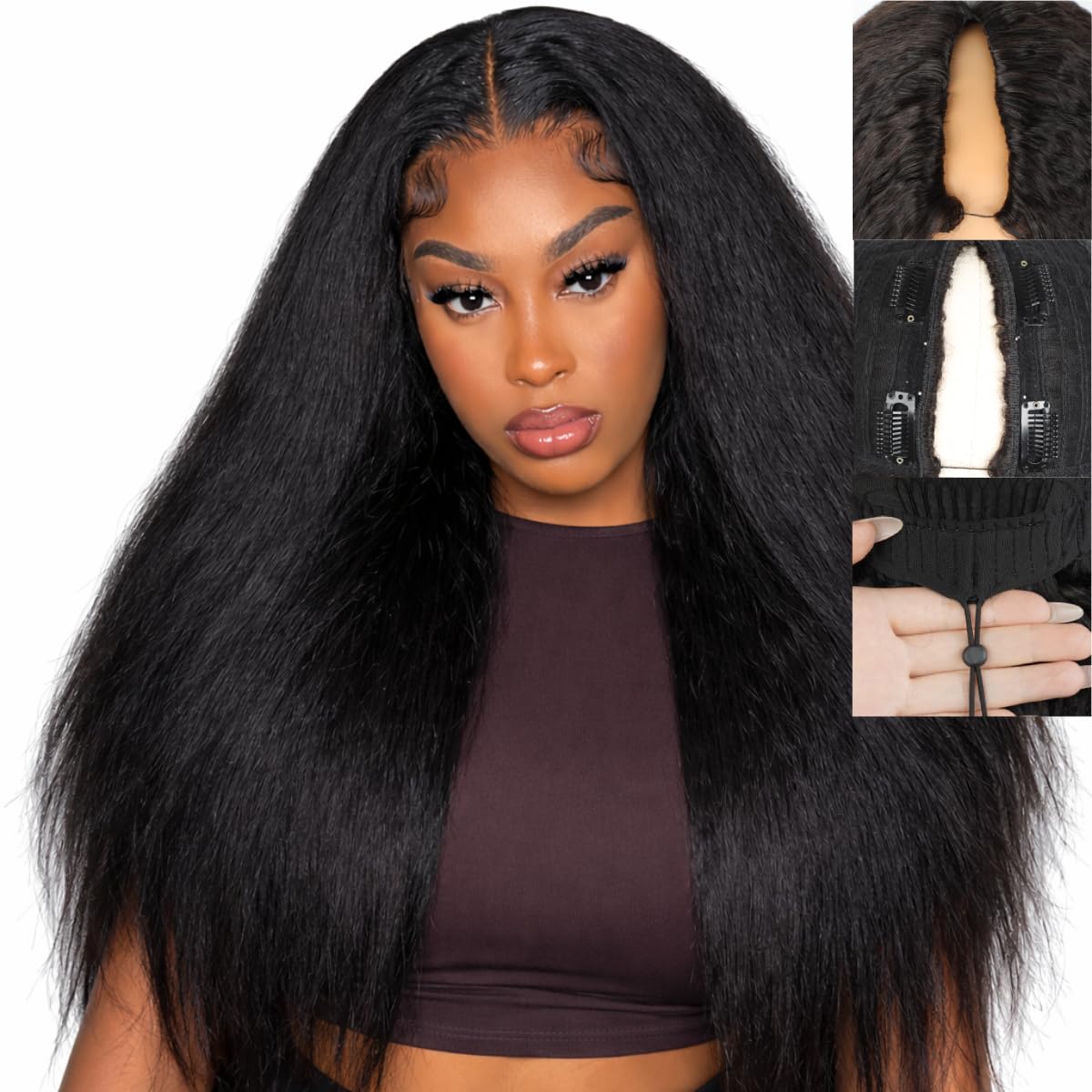 V Part Wig Human Hair Kinky Straight Upgrade U Part Wigs Human Hair Wigs for Women With Drawstring No Glue No Sew in 180% Density V Shape Clip In Half Wig Natural Color 24 Inch