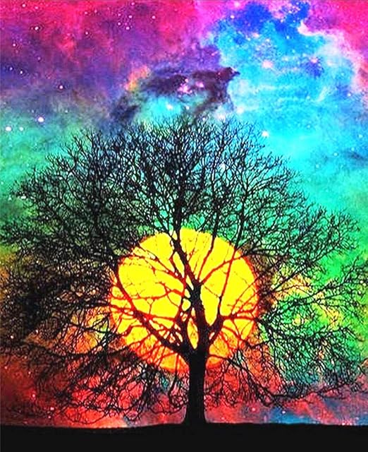 Abillyn Embroidery Cross Stitch Kits Tree of Life and Moon Colorful Sky Stamped with Printed Pattern Starter Kit (Tree)