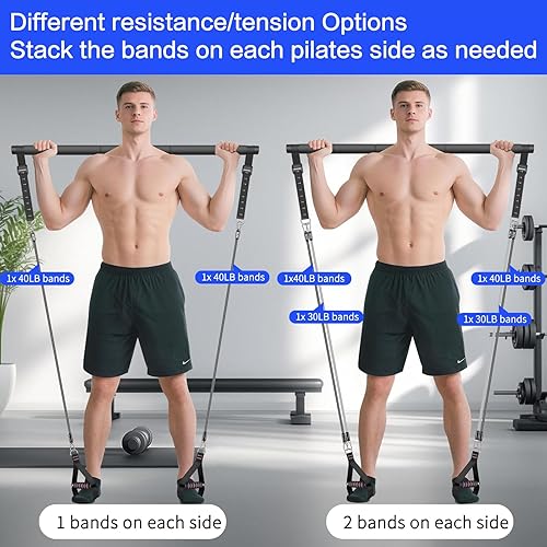 Miniatura 2 de Kit de barra de pilates Bbtops con bandas de resistencia, barra de pilates con bandas apilables, equipo de entrenamiento para piernas, cadera, Negro