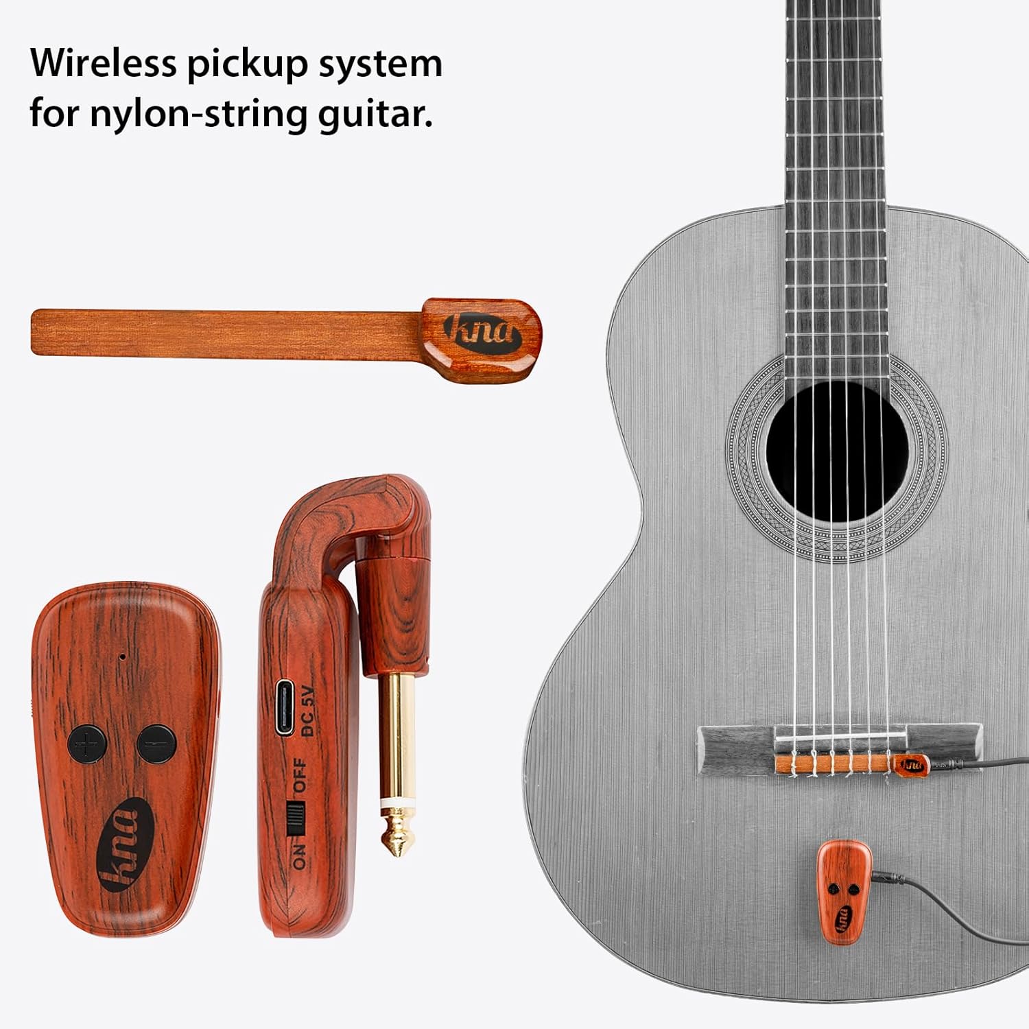 KNA NG-Wi Wireless Piezo Pickup for Nylon String Guitar, Classical, Flamenco, Volume Control, 100ft Range, Ultra-Low Latency, Easy Install, Pro Sound for Live Performance & Recording