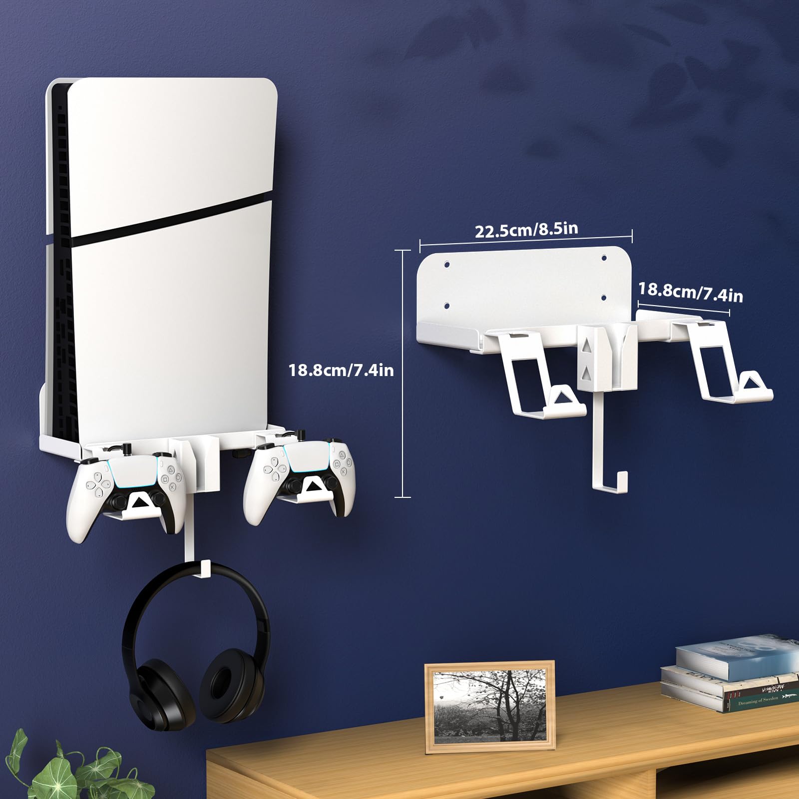 Soporte de Pared PS5 Slim, Soporte de Pared para PS5 Slim Consola con 2-en-1 Cable de Carga Magnético Acero Juego de Soporte de Pared para PlayStation 5 Slim (Disco y Digital) (Blanco)