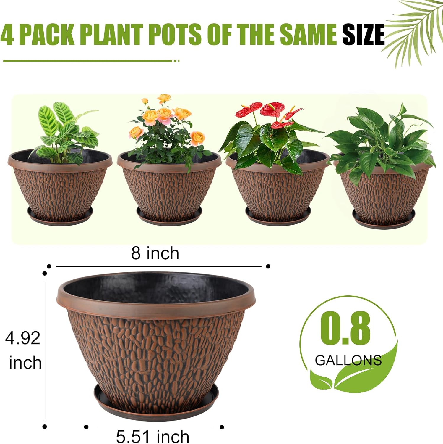 Nooulap 4 Pack 8 Inch Plant Pots Outdoor Indoor, Small Flower Pots with Drainage Hole & Tray, Thickened Plastic Outdoor Planters for Garden House Decor