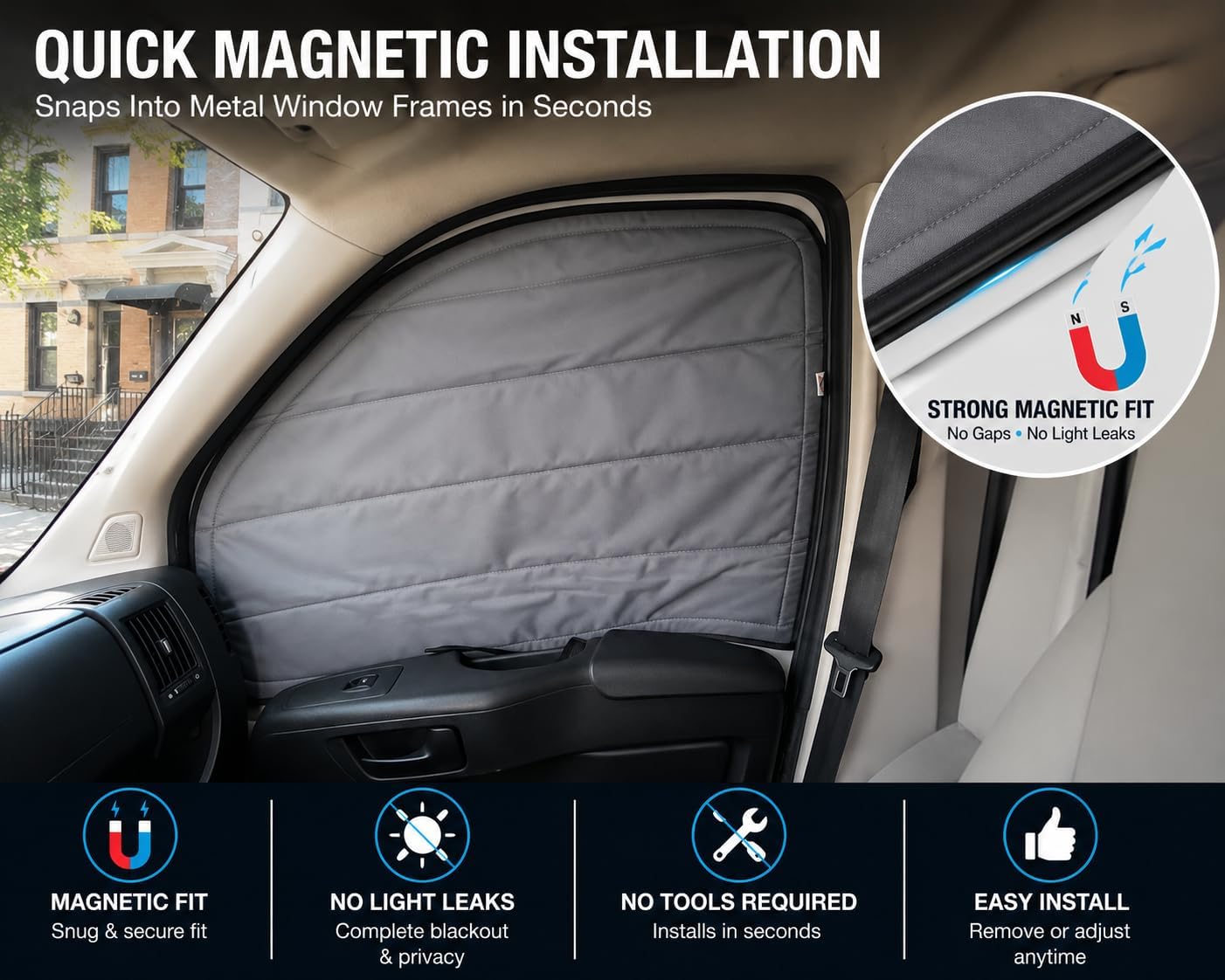 Front Door Window Covers (Pair) for RAM ProMaster 2014-Current, Magnetic Insulated Blackout Sun Shades for Camper Van