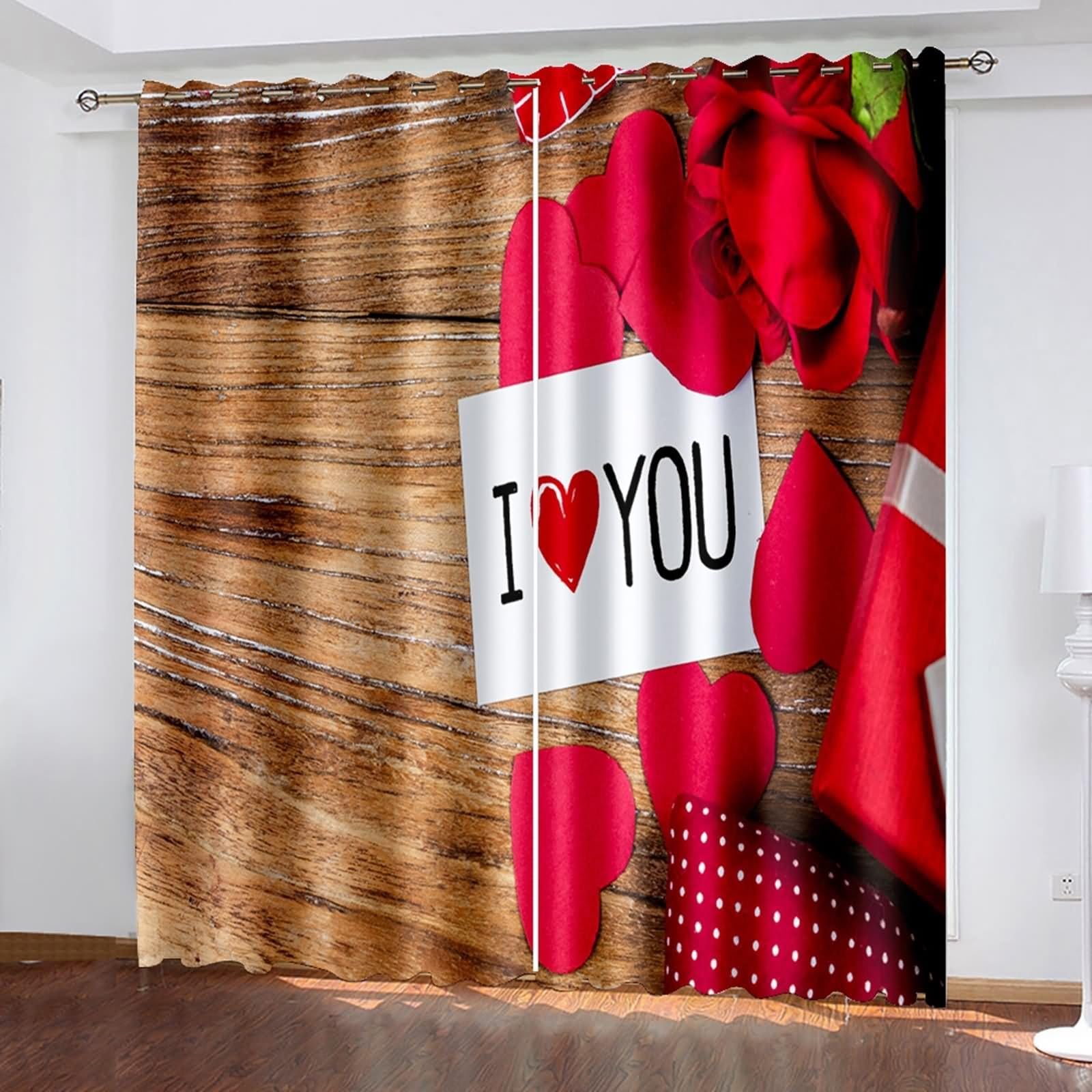 Zasłony kuchenne nowoczesne, brązowe czerwone zachodnie zasłony domowe 2 panele drewniana deska i wzór w kształcie serca poliester 244 szer. x 229 cm dł