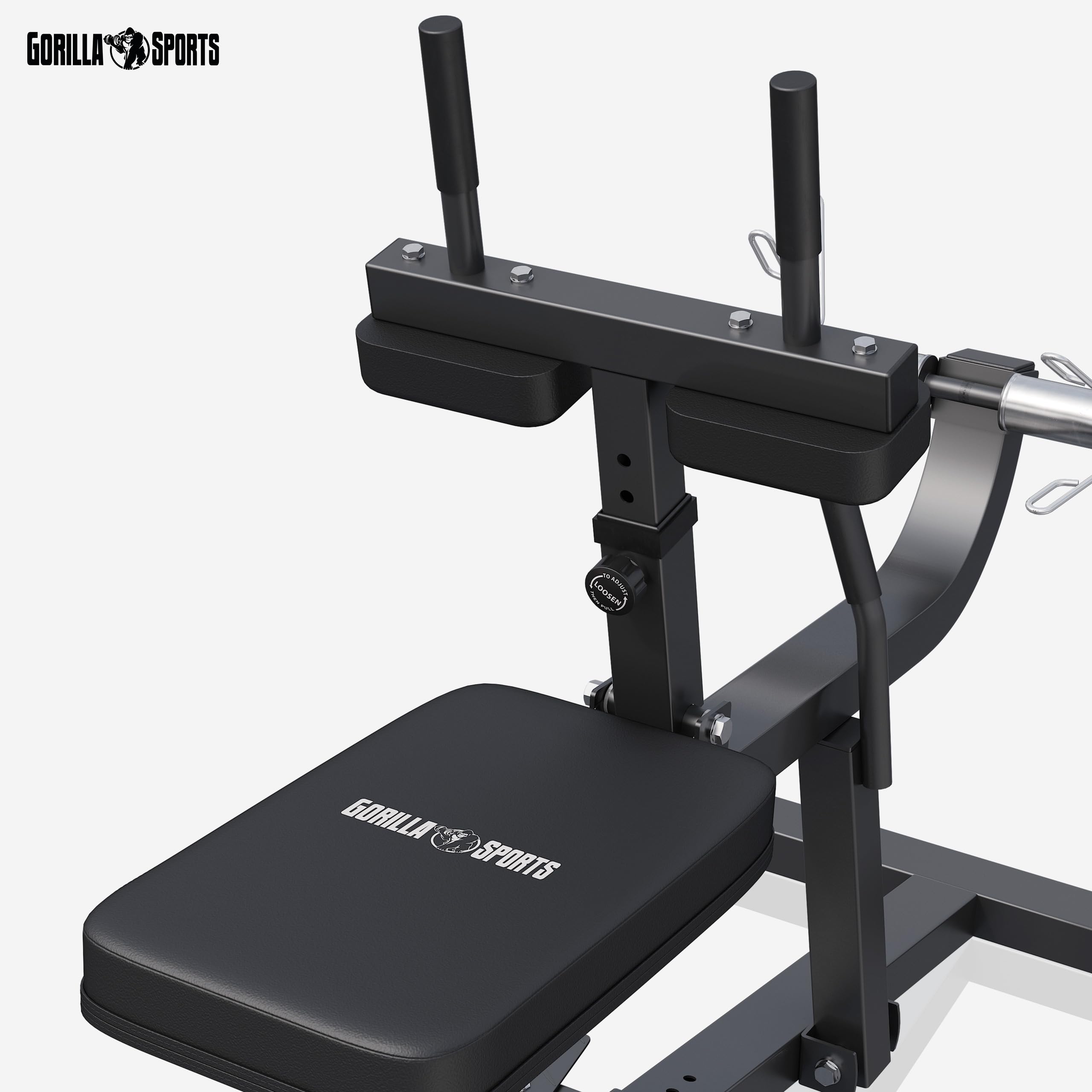 Gorilla Sports® Panca per Polpacci - 126 x 61 x 100 cm, Regolabile in Altezza in 5 Posizioni, con Supporto per Dischi Pesi da 30mm e 50mm, 2 Chiusure a Molla, Nero - Calf Machine, Palestra, Fitness