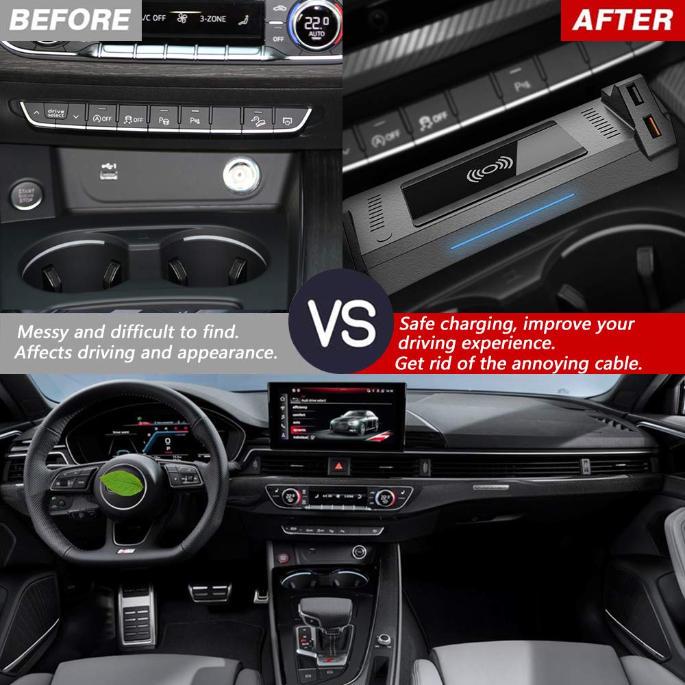 Bezprzewodowa ładowarka samochodowa do Audi A4 2019-2021 A5 2020 2021 S4 S5 2021 RS4 RS5 2019 2021 panel akcesoriów konsoli środkowej, 15 W Qi szybka ładowarka do telefonu z QC3.0 USB do iPhone'a