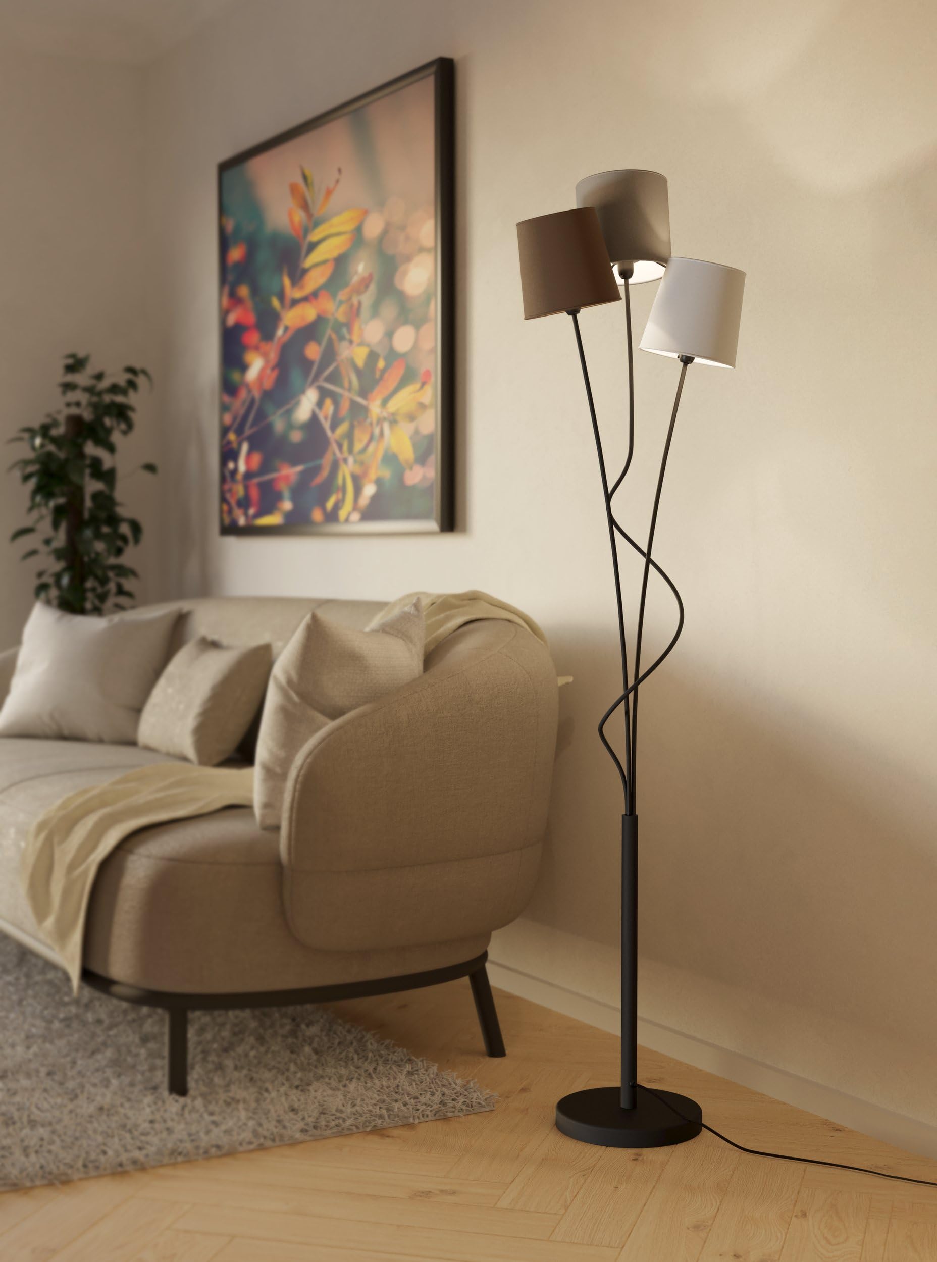 EGLO Stehlampe Maronda, 3 flammige Stehleuchte | Standleuchte aus Stahl und Stoff, Farbe: Schwarz, anthrazit, weiß, braun, Fassung: E14, inkl. Trittschalter