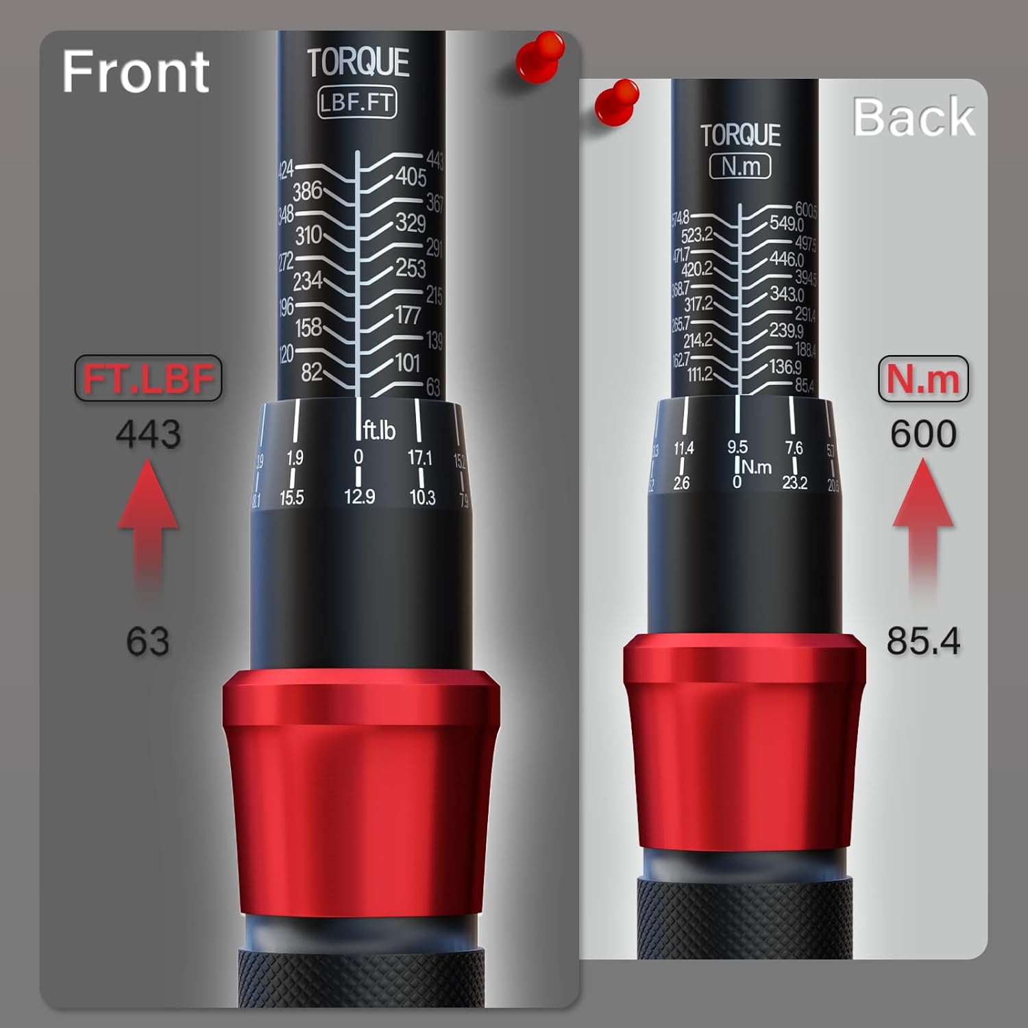 3/4-inch Drive Torque Wrench, 63-443Ft-Lb/85.4-600Nm, 45 Tooth Dual-Direction Click Torque Wrench with a Hex Key for Wind Turbines, Car and Truck Repair