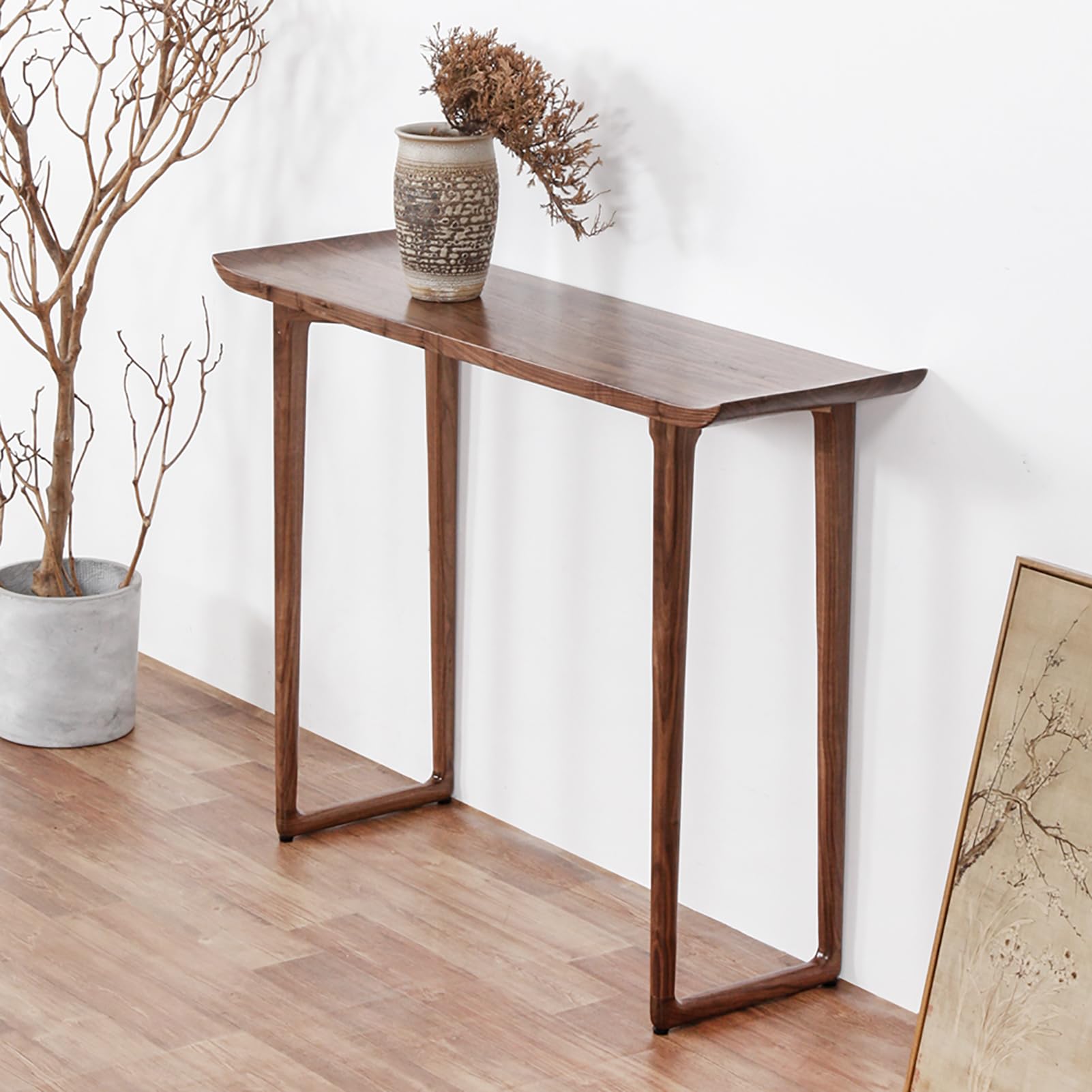 Mesa de entrada curva en madera de fresno para colocar detrás del sofá