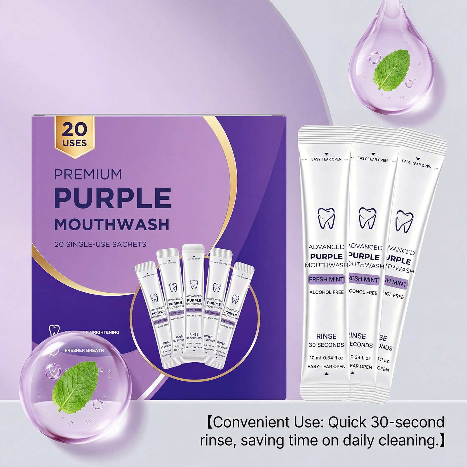 Purple Whitening Mouthwash Strips, Portable Travel Oral Care Pack of 20 | Alcohol Free Fresh Mint Travel Single Use Rinse, Single Use Purple Whitening Mouthwash Bustine, 30 Second Clean