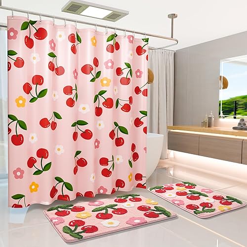 Miniatura 6 de Anybar Cortina de ducha de tela con diseño floral de cerezas, impermeable, de poliéster suave, decorativa, lavable, cortina de ducha de tela de