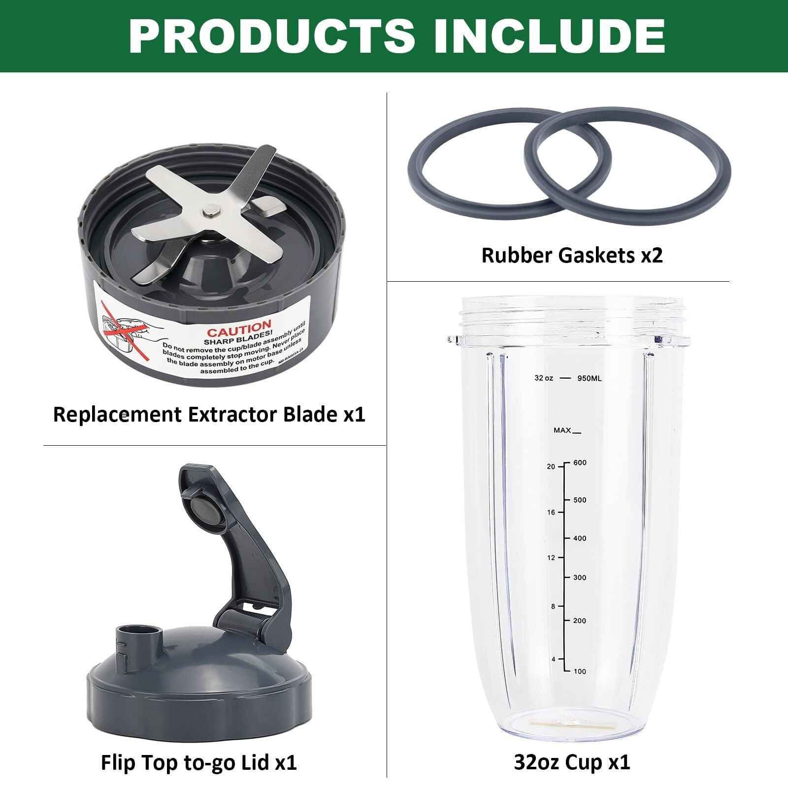 Kit 5 Piezas Repuestos Batidora: Cuchilla, Vaso 32oz, Tapa To-Go y 2 Juntas Compatible con NutriBullet 600W 900W