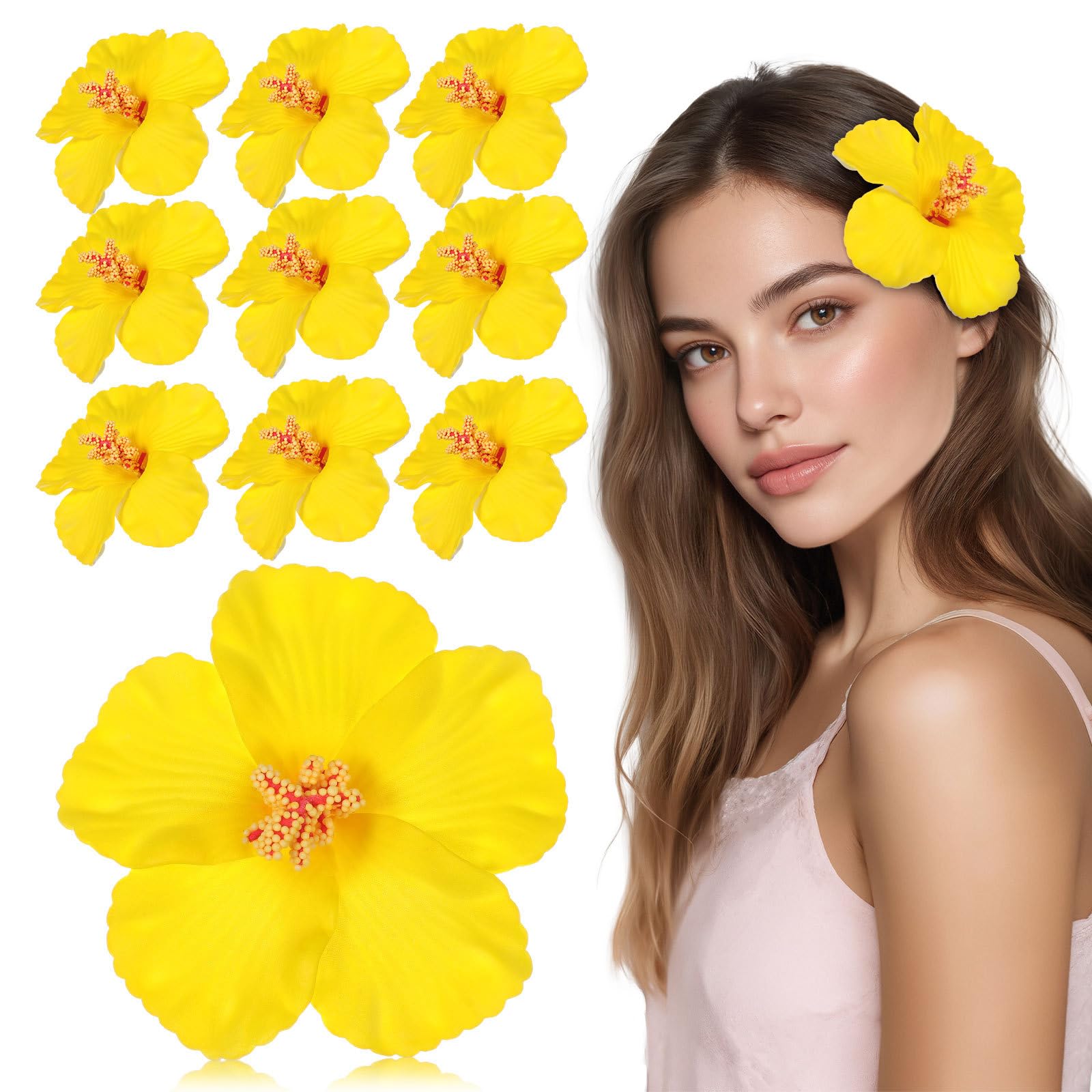 Baluue 10pcs Artificial Hibiscus Flower Heads - Yellow Hawaii Flowers for Wedding And Luau Party Decor - Eva Tropical Blooms for Diy Hair Accessories - Yellow