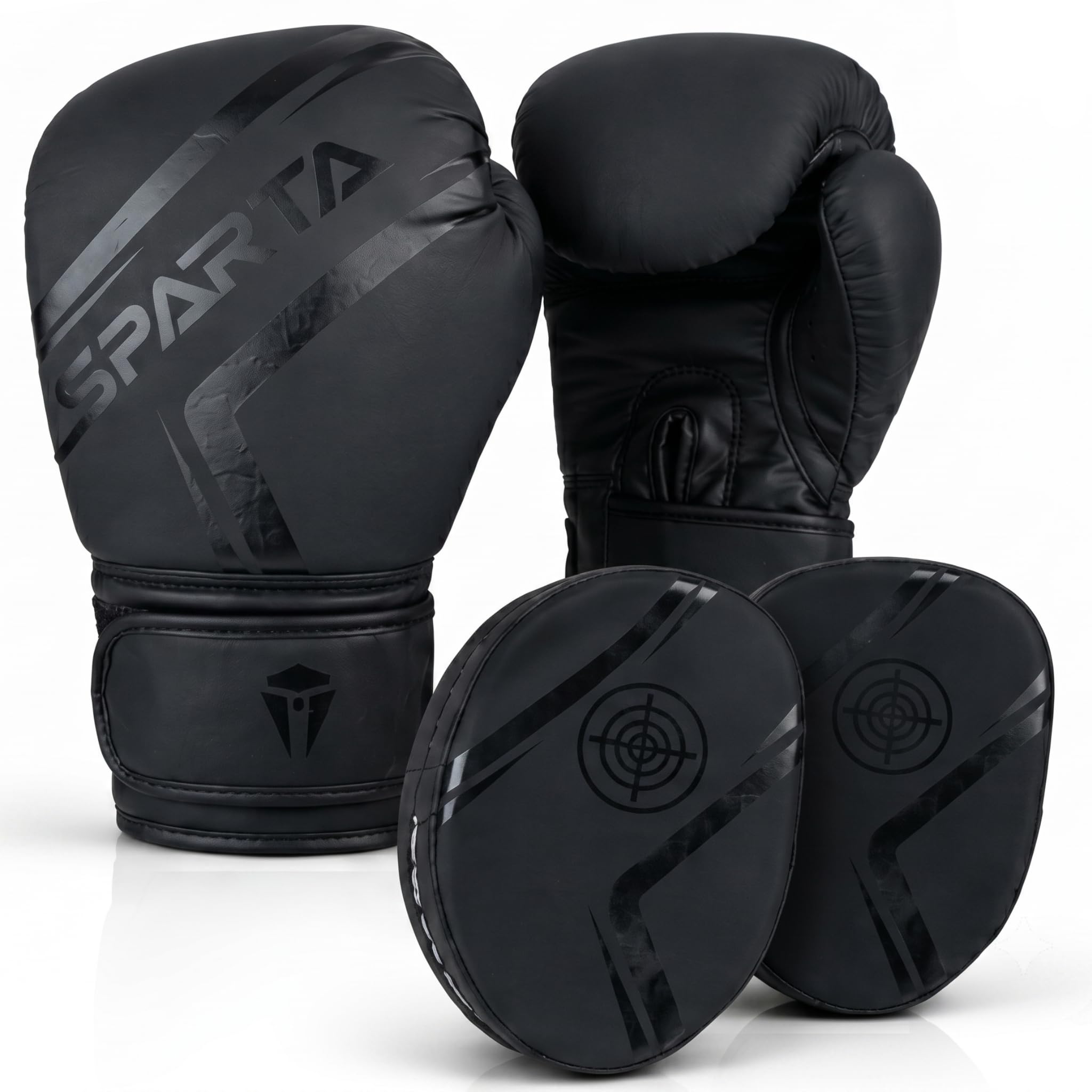 Boxing gloves and pads set Focus Punch Mitts MMA Training Sparring Hook and Jab strike target with Punching Gloves (Kids-Black, 6oz)