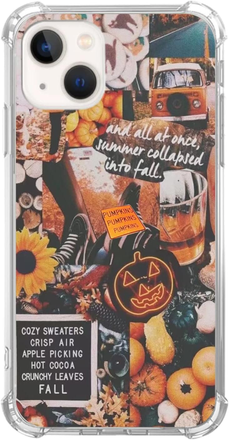 Fall Autumn Aesthetic Collage Case Compatible with iPhone 14, Autumn Pumpkin Halloween Case for iPhone 14 for Teens Men and Women, Cool Trendy TPU Bumper Case Cover