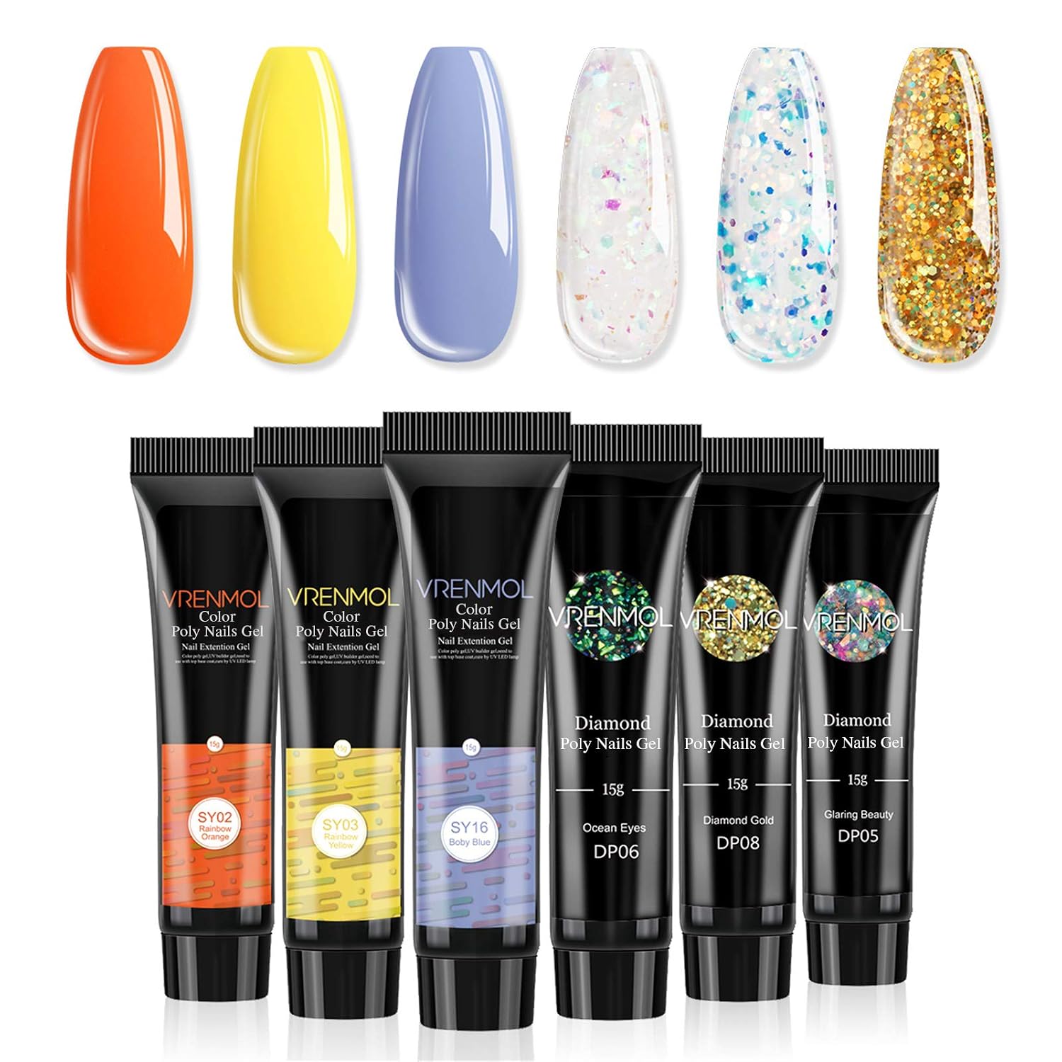 VRENMOL Poly Nails Gel Nails Builder Enhancement Glitter Diamond Style Mix Extension UV Gel Nail Polish Easy Trendy Beginner DIY Nail Art for Lady 6PCS-15g…