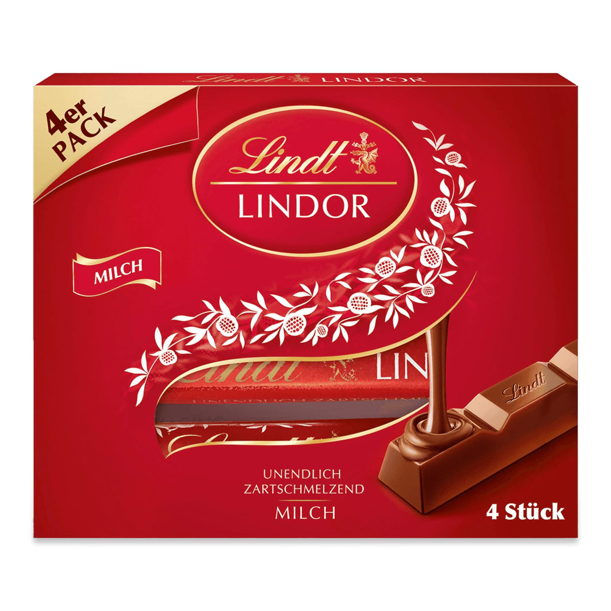Lindt Schokolade | LINDOR Milch Sticks | 100g | 4 Schokoladen-Sticks aus Vollmilch-Schokolade mit zartschmelzender Füllung | Schokoladen-Stick