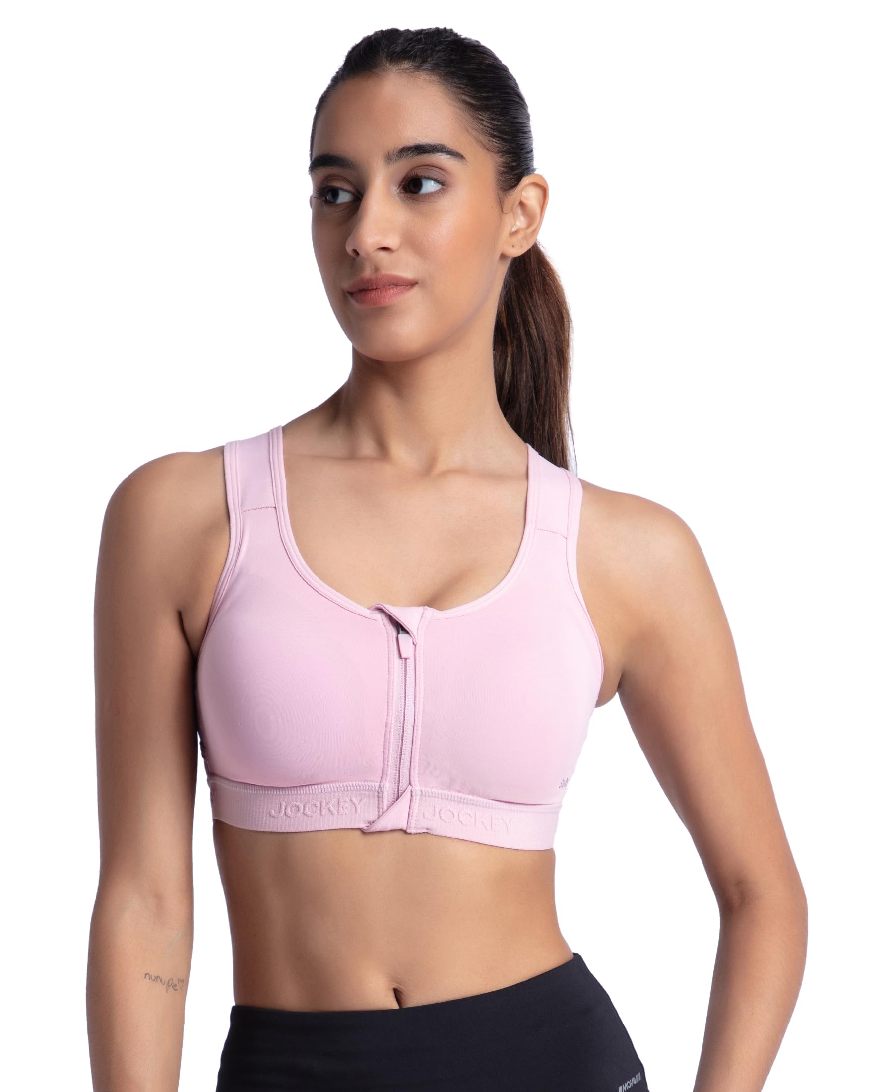 jockey MI10 Women's Wirefree Padded Microfiber Elastane Stretch Full Coverage Active Bra with Front Zipper Styling_Pink_L-picture-16