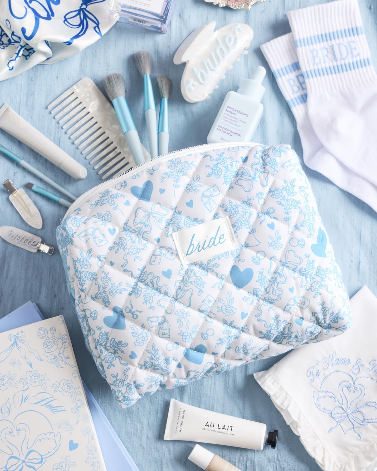 xo, Fetti Bride Cosmetic Bag - Quilted, Something Blue | Bachelorette Gift, Bridal Shower, Toiletry, Travel Makeup Bag