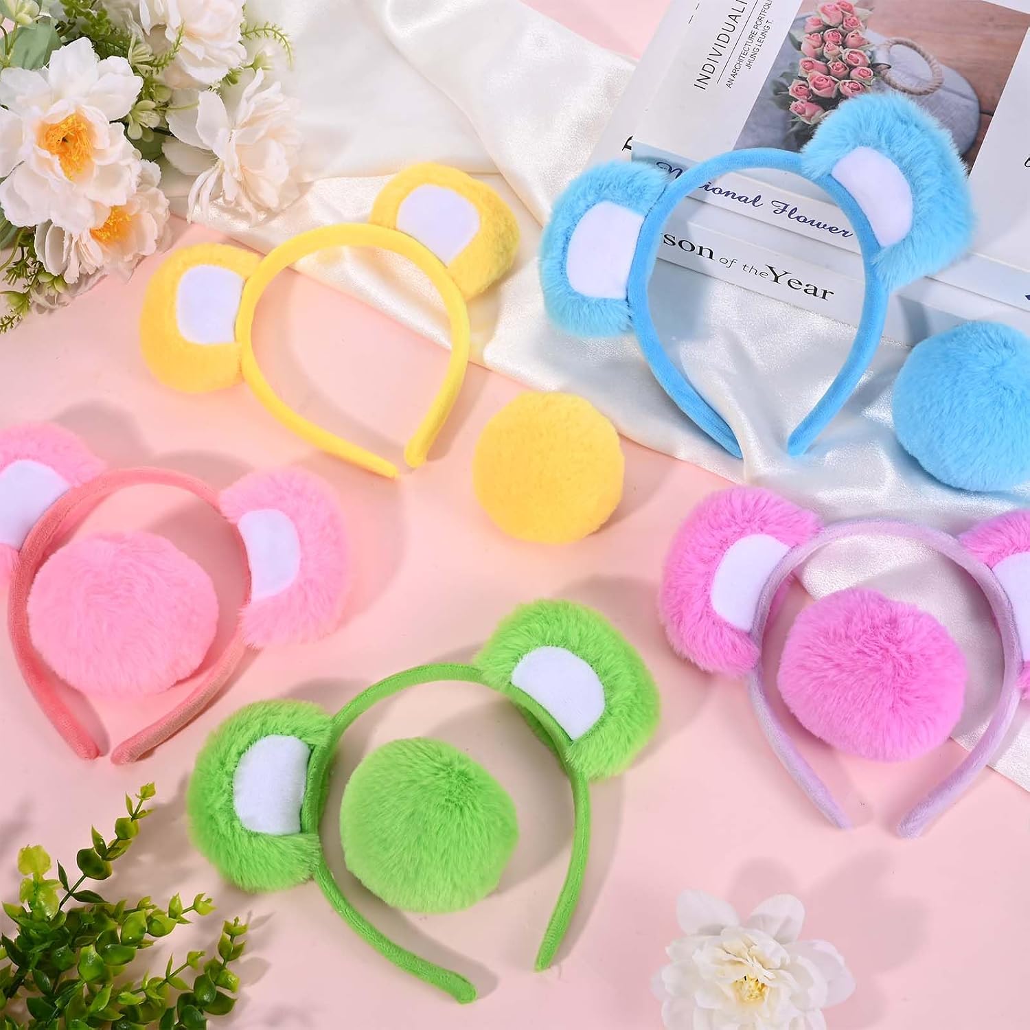 5 Pcs Bear Ears Headbands Colorful Fluffy Animal Hairband for Birthday Party Favors Supplies Halloween Cosplay Accessories