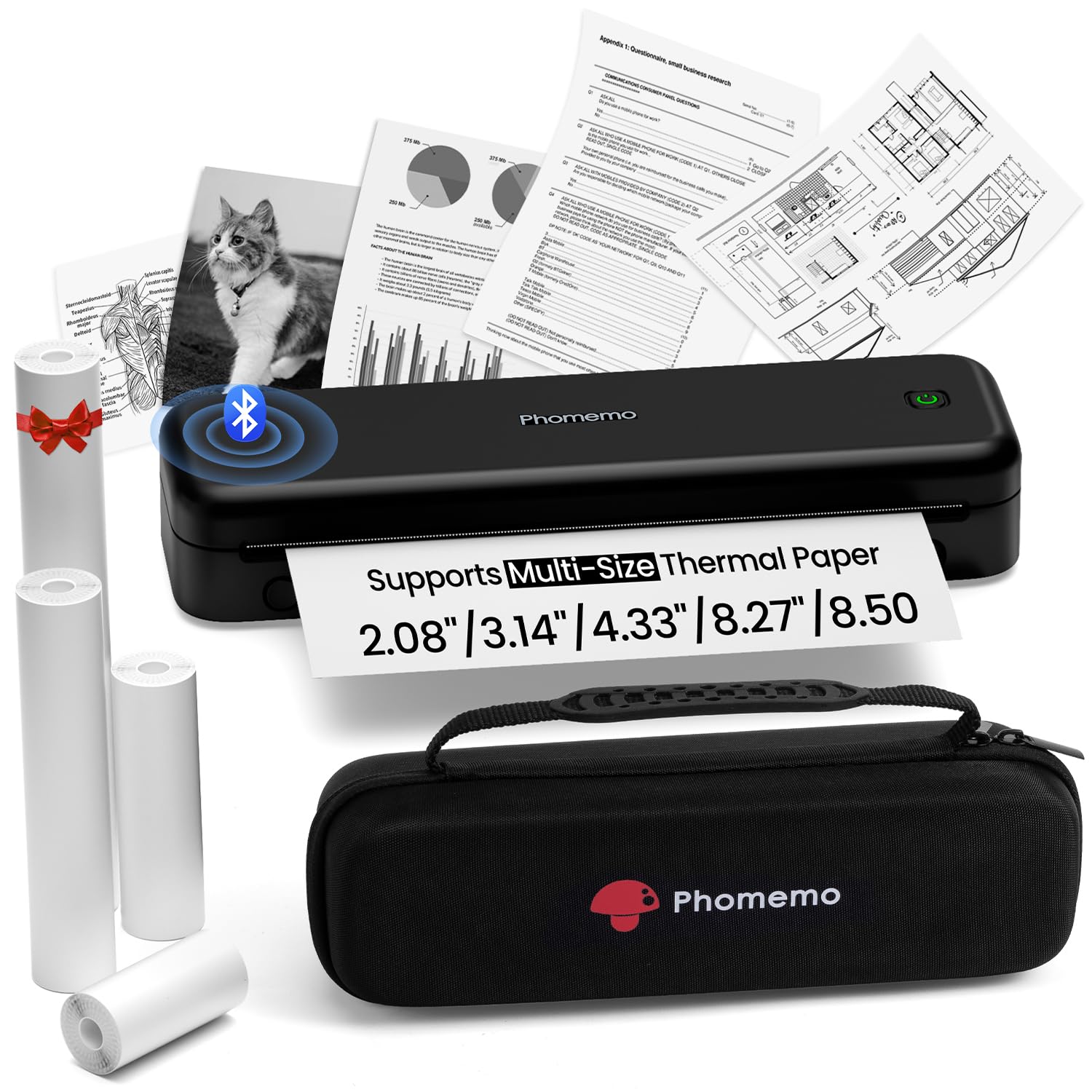 Phomemo M834 Stampante Portatile A4, Stampante Termica Portatile, Connessione Bluetooth e USB, Supporta Carta Termica A4, Con Custodia per il Trasporto e 4 Rotoli di Carta Termica, Nero