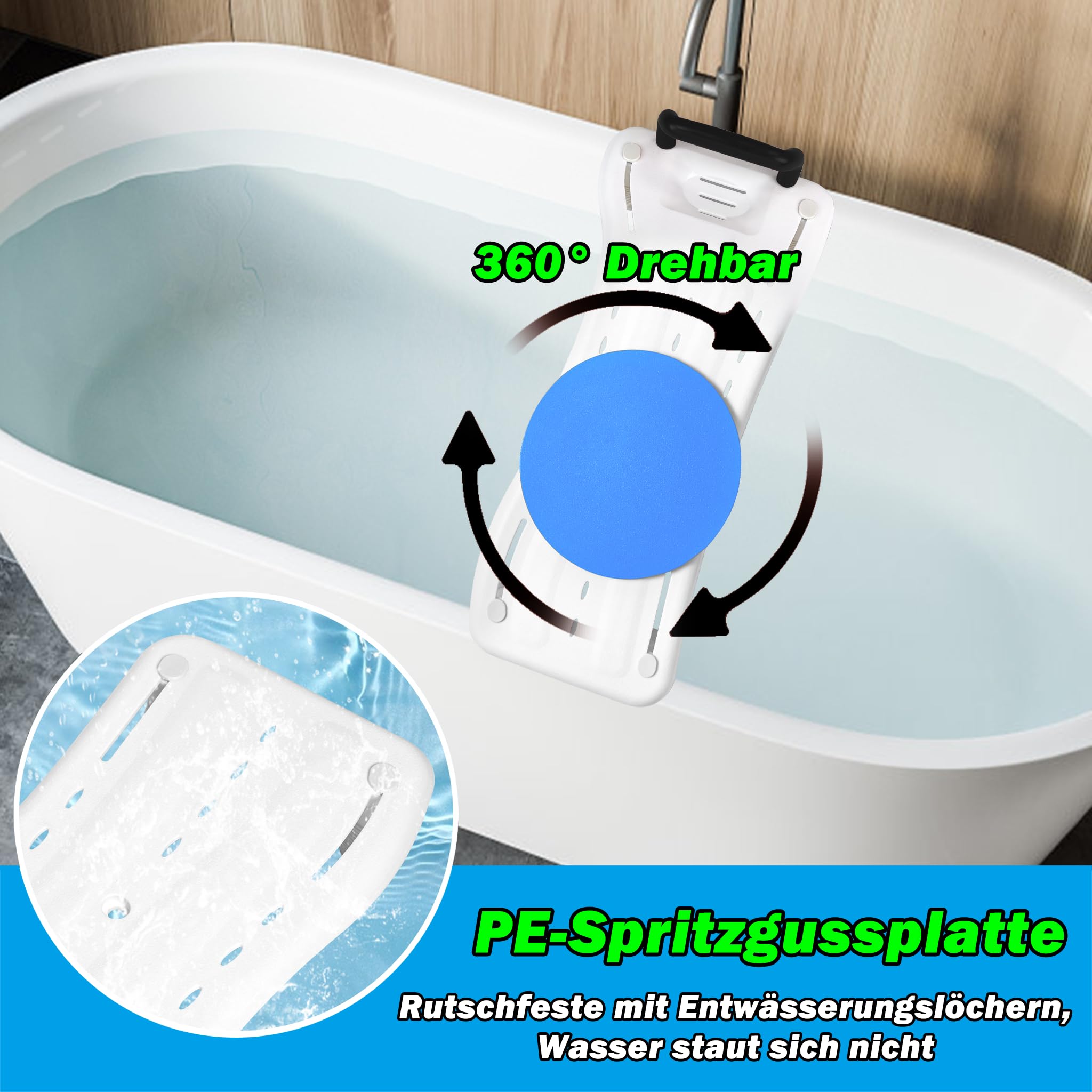 Froadp 75,5 x 34 x 10 cm, asiento de bañera con mango negro y placa giratoria, tabla de bañera para sentarse, asiento de bañera de polipropileno, asiento para adultos, personas mayores, embarazadas