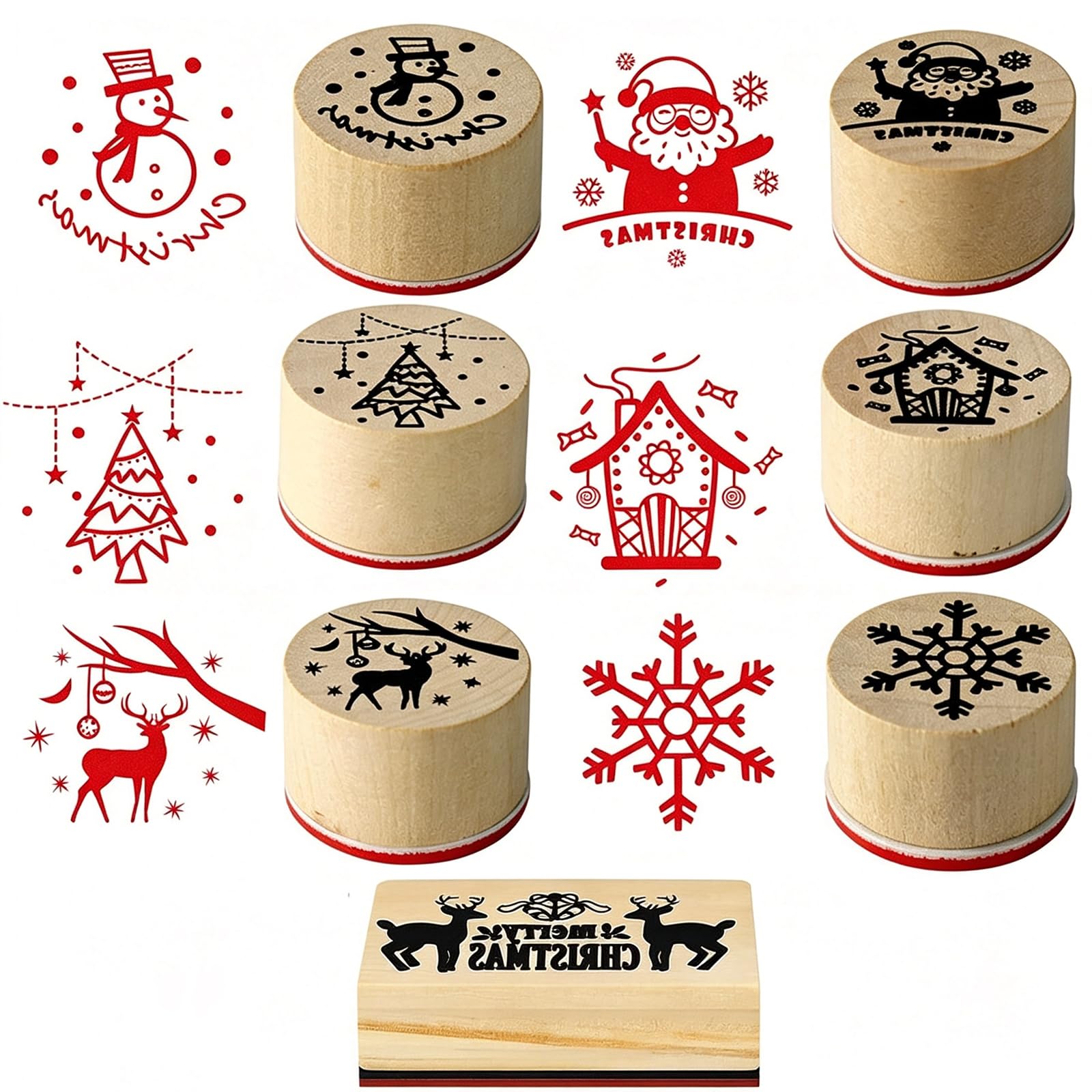 7 Pcs Christmas Wooden Stamps, Rubber Stamps Set for DIY Card Making