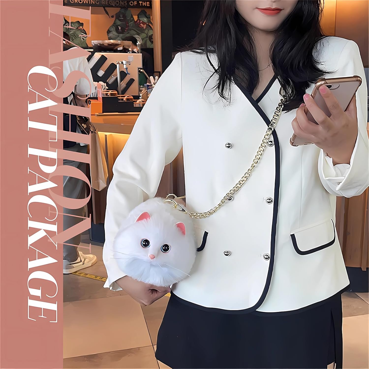 HUIJUFU Realistic Puffy Plush Cat Shaped Crossbody Handbag for Women | Realistic, Puffy, Plush