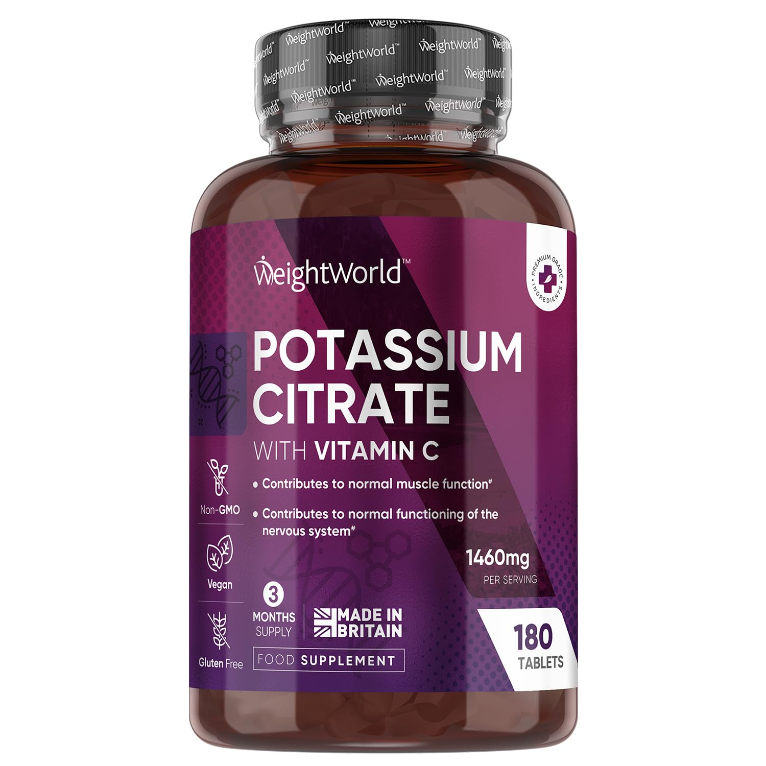 Potassium Supplement with Vitamin C 1460mg | 3 Months Supply | 180 Tablets | Electrolytes Tablets | Bioavailable Potassium Citrate Form | Non-GMO, Gluten-Free & Vegan-Friendly | Made in The UK