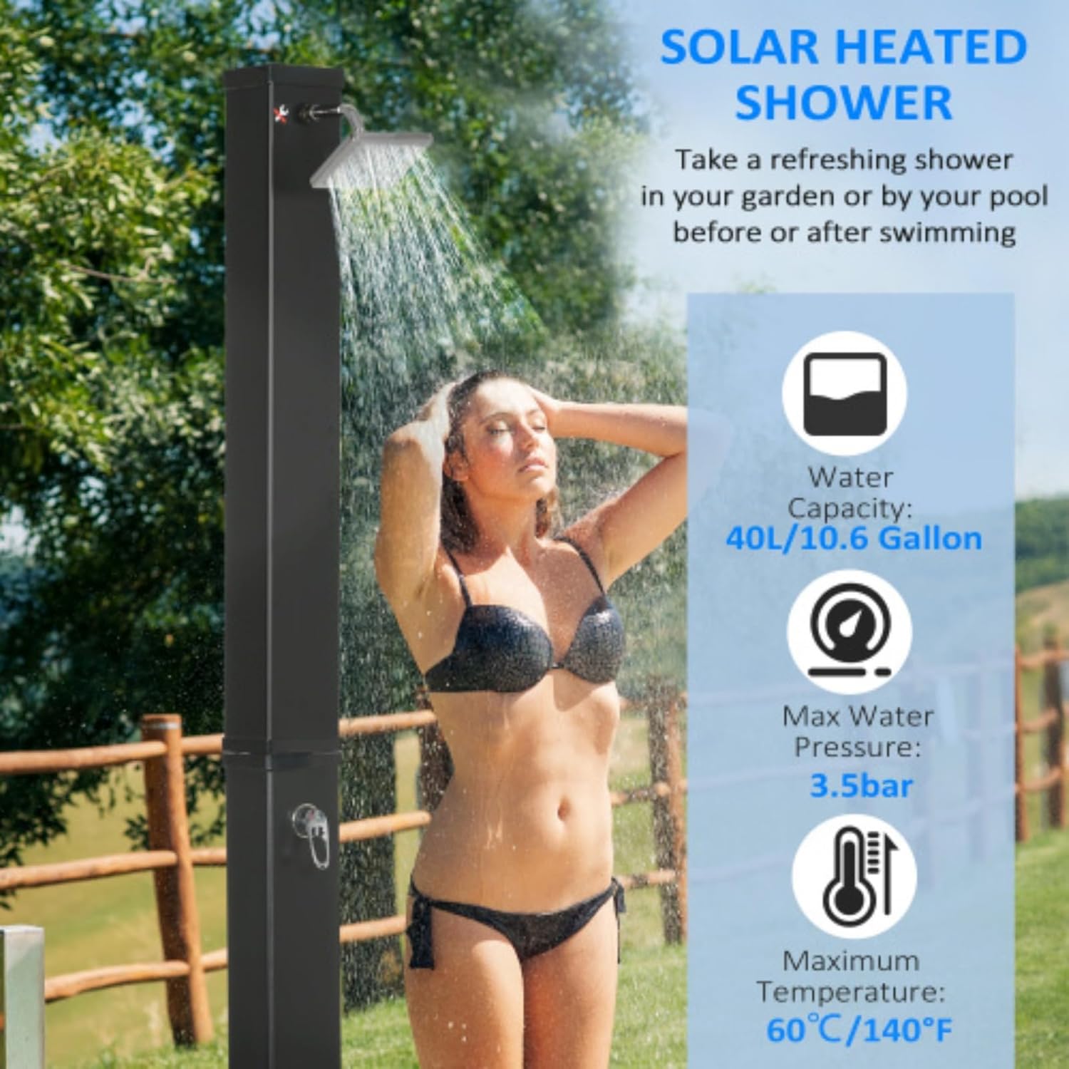 10.6 Gallon 7-Foot Solar Heated Shower, 2-Stage Outdoor Shower, with Free Rotating Shower Head, Temperature Adjustment and Foot Shower, for Backyard Poolside Beach Pool Spa