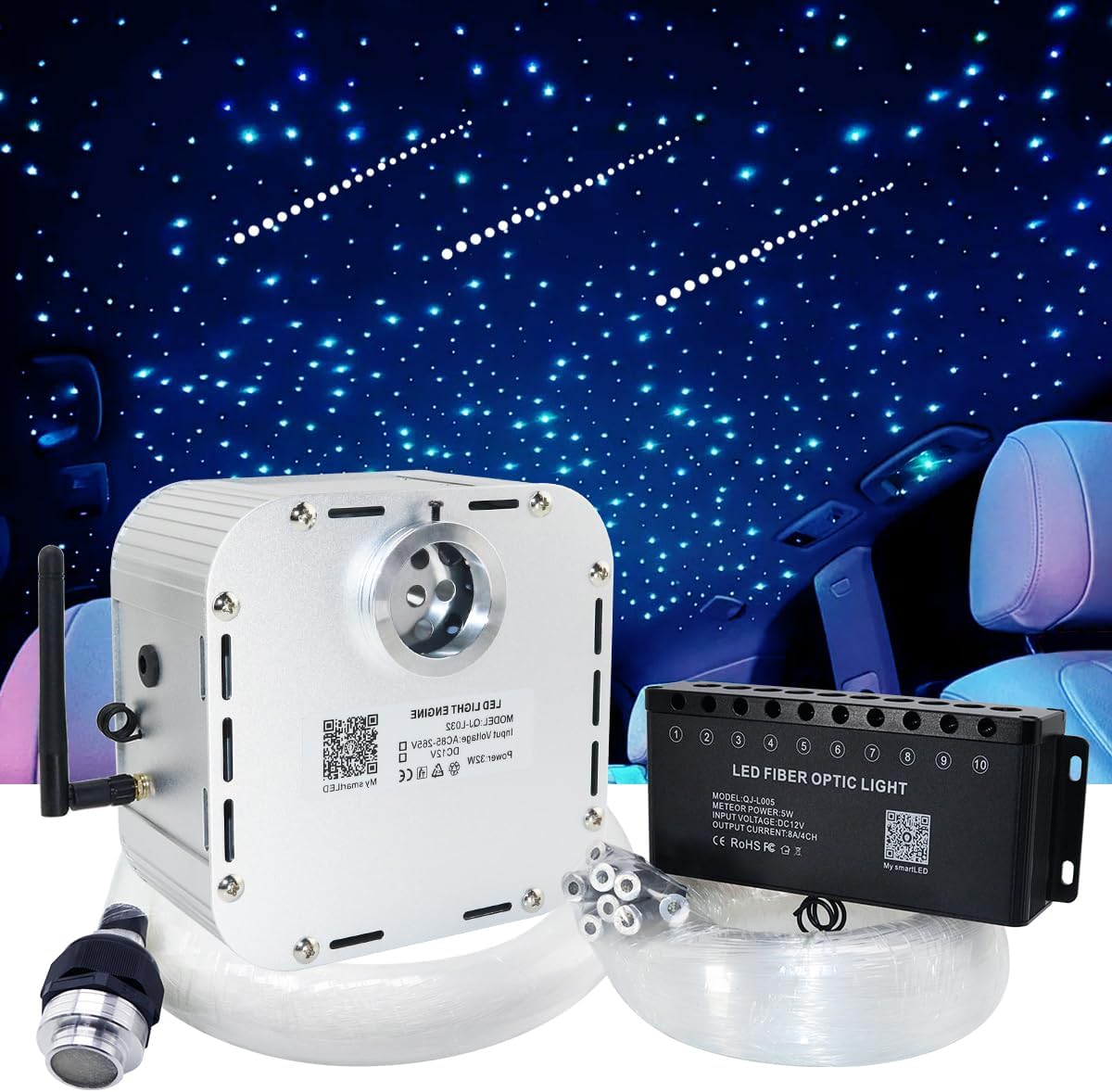 AMKI High Power 32W Twinkle 1000pcs 0.03in 13.1ft Fiber Optic Light Starlight Headliner Kit,Pure White Meteor Shooting Star 150pcs Fiber,Sound Mode Starlight Box for Car Movie Theater Home Ceiling