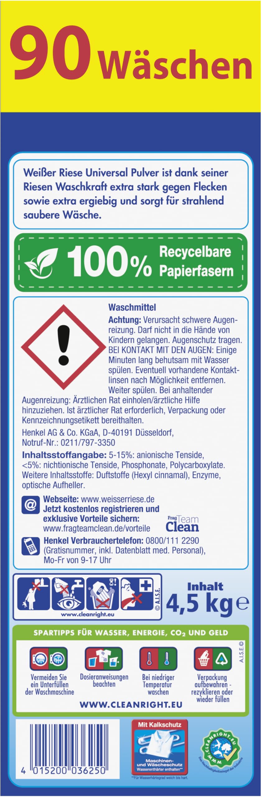 Weißer Riese Universal Waschmittel Pulver (90WL), Waschpulver Großpackung – Ansicht 3