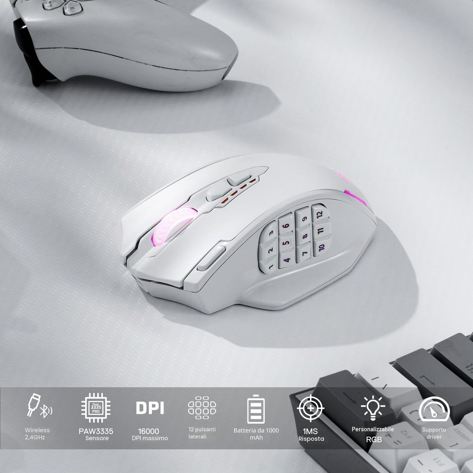 Redragon M913 Impact Elite Mouse MMO Wireless/Cablato | 16000 DPI RGB 16 tasti programmabili 12 tasti laterali batteria 45h sensore ottico professionale