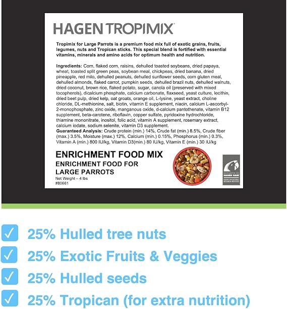 Hari Tropimix Bird Food, Hagen Large Parrot Food with Seeds, 4 lb Bag