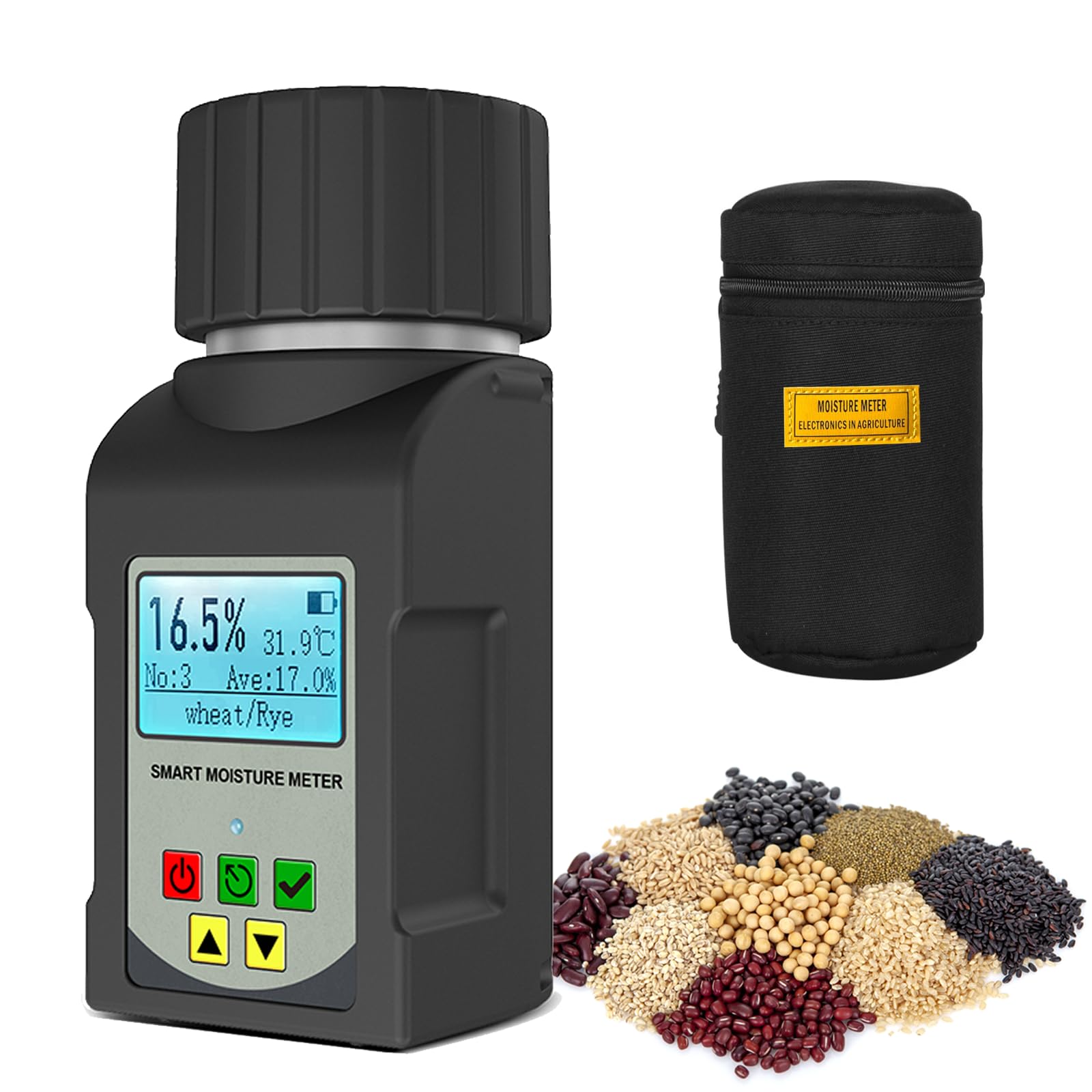 Portable Moisture Tester for Grain,25 Grain Moisture Meter with Backlit Digital Meter Readout & Voice Broadcast, Moisture Temperature Tester for Wheat, Soybean, Coffee and More