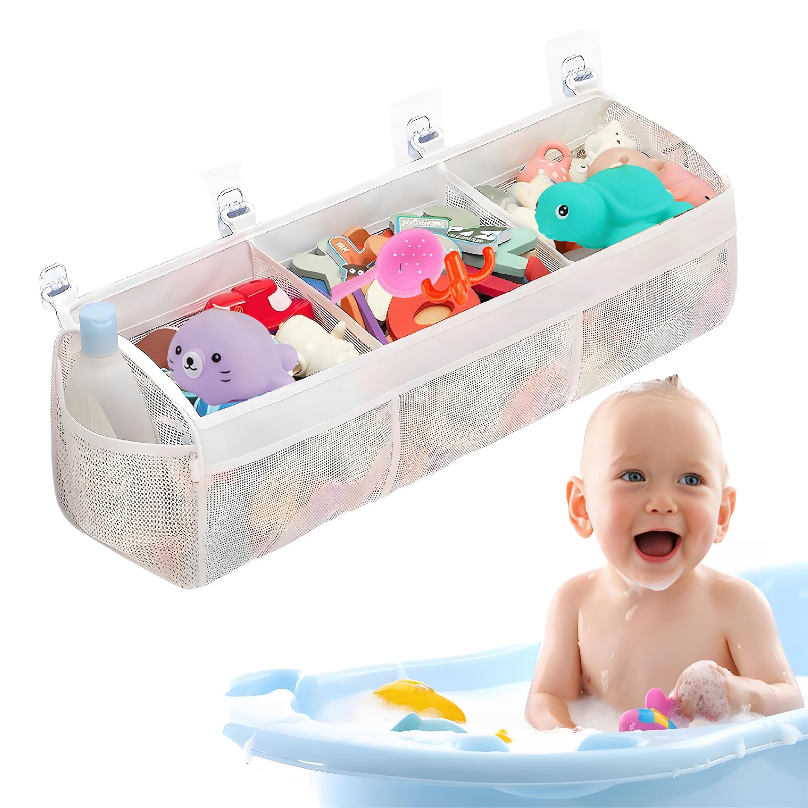 Kids Bath Toy Storage Net Baby Bath Toys Storage Bathroom Toy Storage for Accessing Sorting Toys with 3 Compartments Hanging 2 Side Pockets