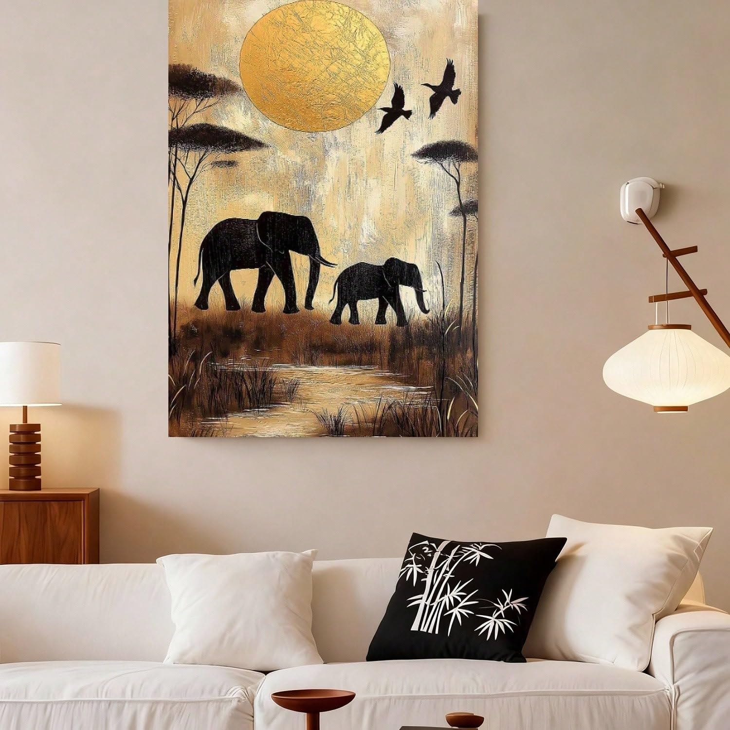 TZKBDMA African Landscape Canvas Wall Art - Elephant And Bird Scene With Golden Sunset, Ideal For Living Room, Bedroom Decor(70x90cm/Without frame)