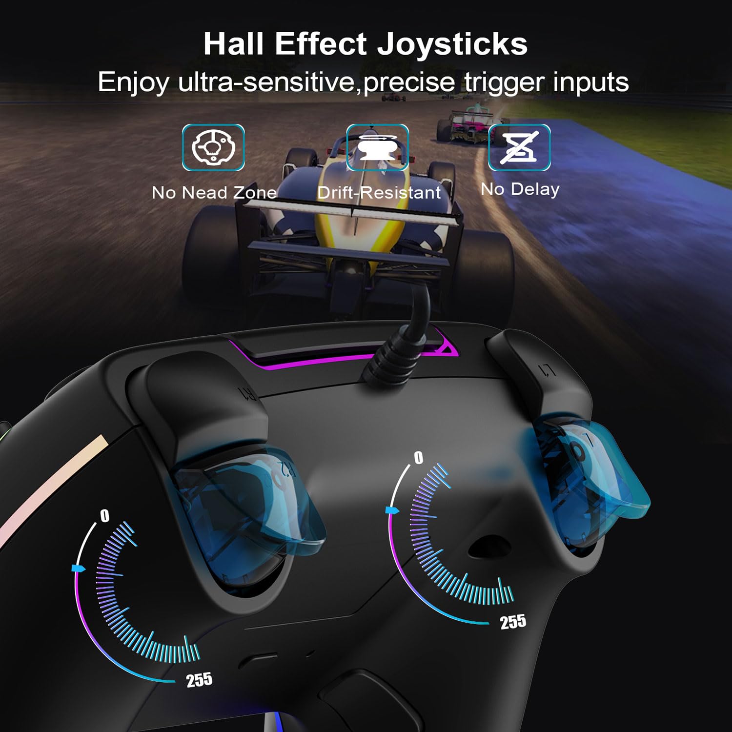 Mando de juego con cable RGB para PlayStation 5 de repuesto con disparador de efecto Hall para PS-5 y PC con Windows, doble vibración, sensor de movimiento, joypad remoto con turbo, mapeo macro (negro