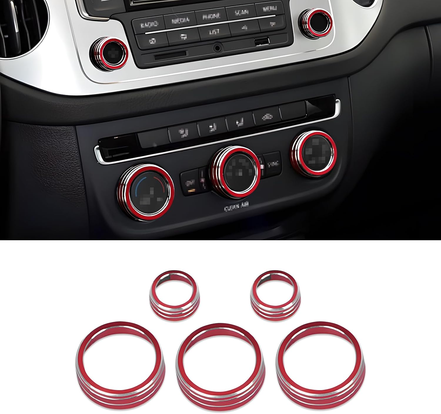 5 PCS Knob Rings Trim, Custom for Volkswagen Atlas Jetta Taos Tiguan Golf Car Interior Accessories Knob Cover Trim, Aluminum Alloy Volume AC Button Covers Anti-Slip Auto Decoration (Red)