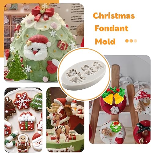 Miniatura 4 de Sijiangmold Moldes de fondant de Navidad, copos de nieve, campanas de árbol de Navidad, hojas de acebo, renos, Papá Noel, chocolate, dulces, moldes