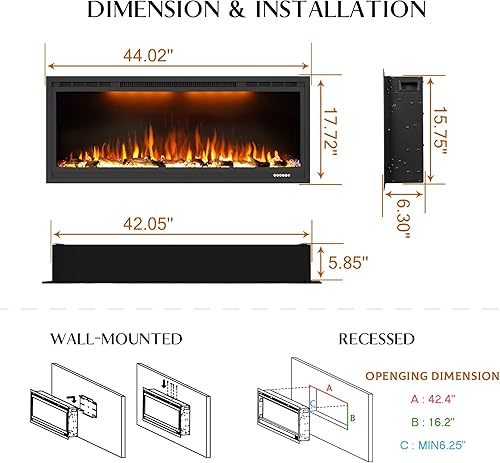 Miniatura 4 de Chimenea eléctrica de 42 pulgadas, calentador de chimenea empotrado en la pared, chimenea lineal de pared, troncos y opciones de cristal, 7501500 W,