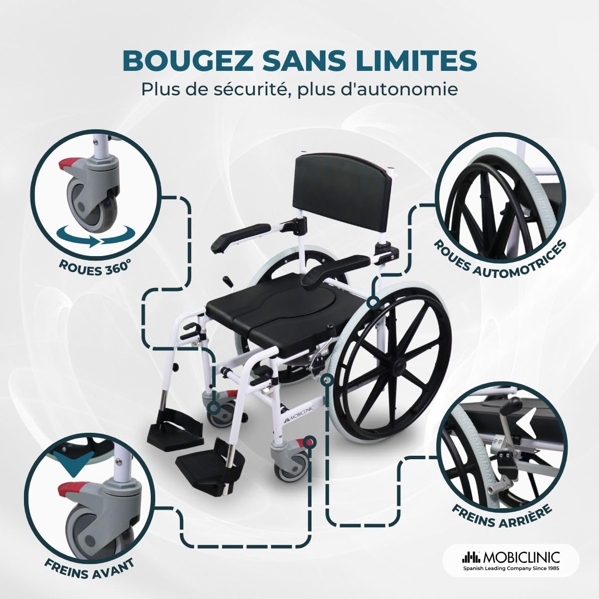 Mobiclinic®, Chaise de Bain et de Douche à Roulettes, Toilette Portable, Avec Cuvette Amovible, Automotrice, Réglable en Hauteur, Repose-pieds et Accoudoirs Rabattables, Caligula