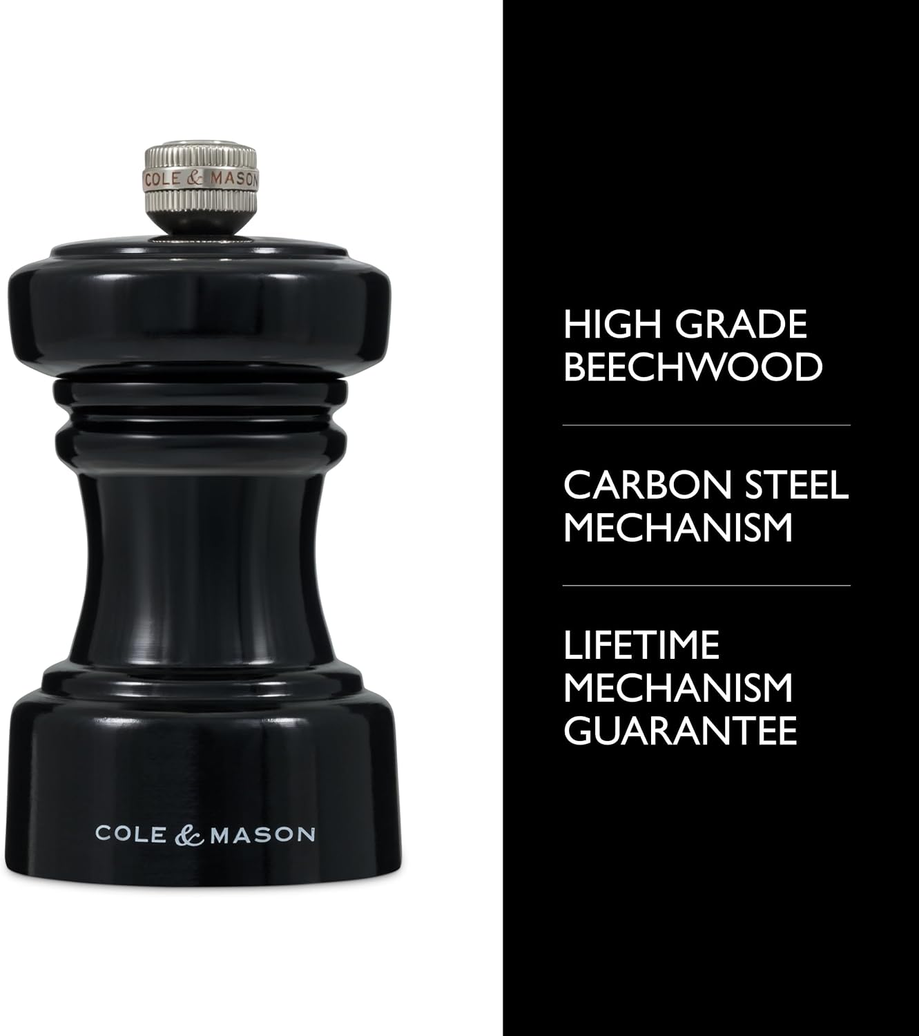 Cole & Mason Hoxton Mill - Table Black Pepper Grinder - Refillable Peppercorn Grinder - Kitchen & Home Accessory - Pepper Mill with Carbon Steel Mechanism - 4'', Black Gloss image 3