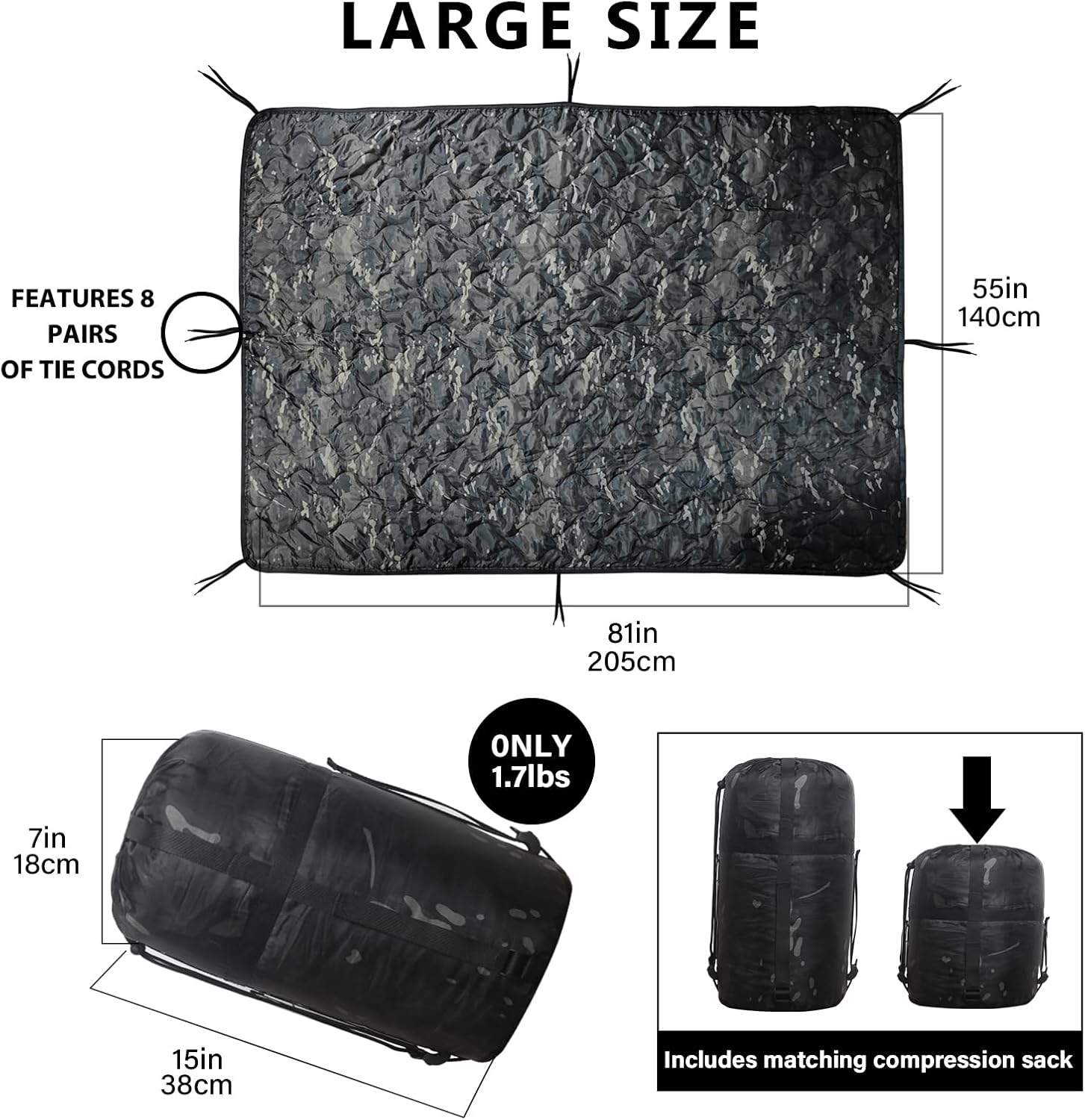 Camo Poncho Liner, Army Blanket, Military Sleeping Bag, with A Compression Carrying Bag, for Traveling, Hiking, Camping, Outdoor Survival, Car Blanket - Image 3