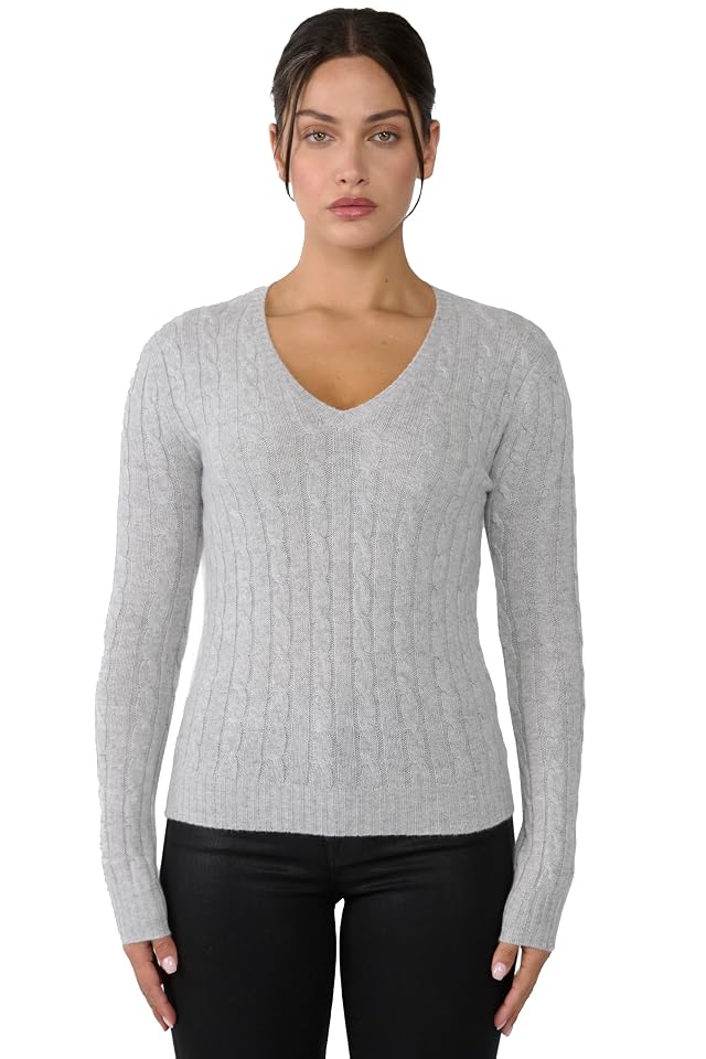 JENNIE LIU Womens 100 Cashmere Cable-Knit Long Sleeve Pullover V Neck Sweater