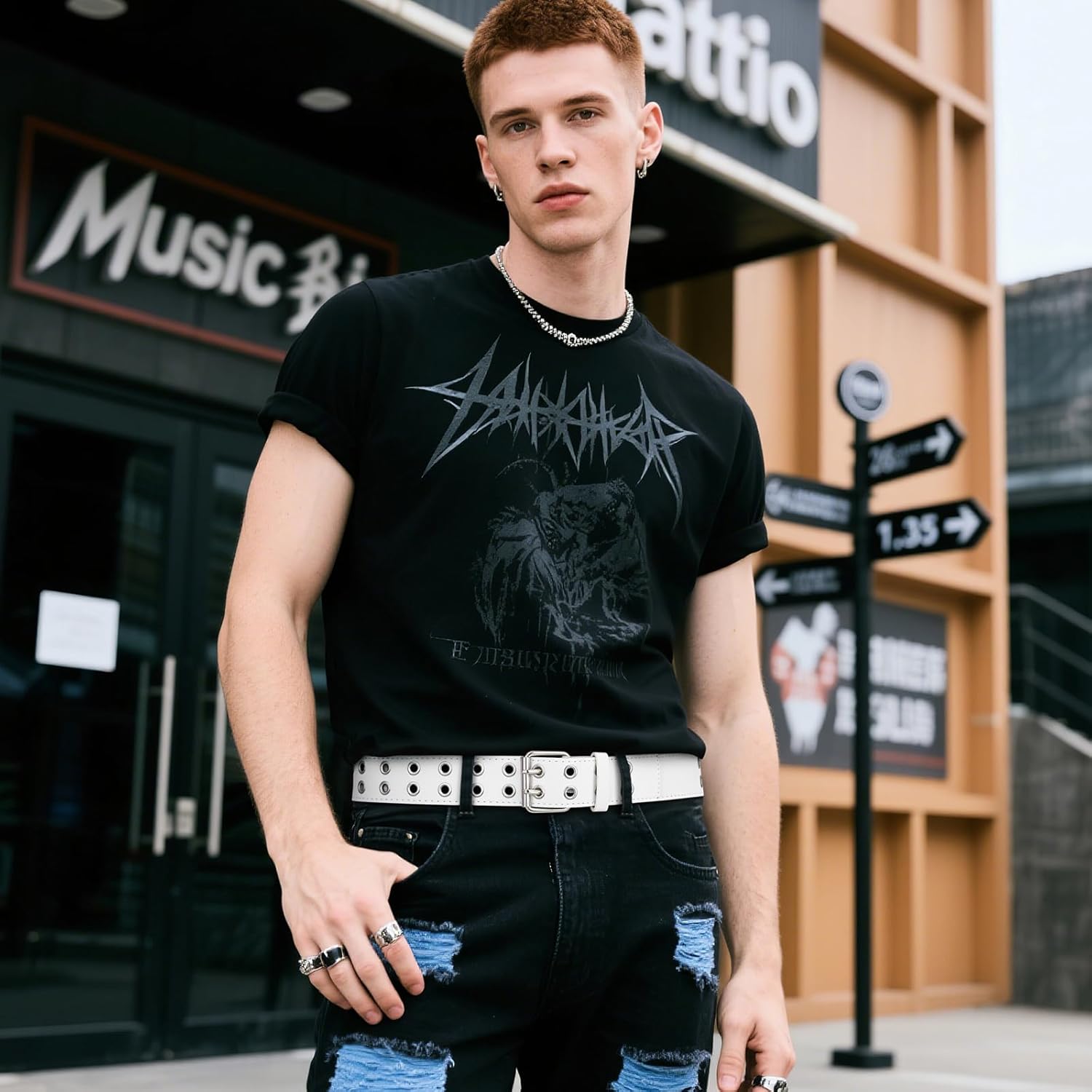 SANSTHS Women Double Grommet Studded Belts, Black Leather Belt for Women Men Punk belt - Image 4